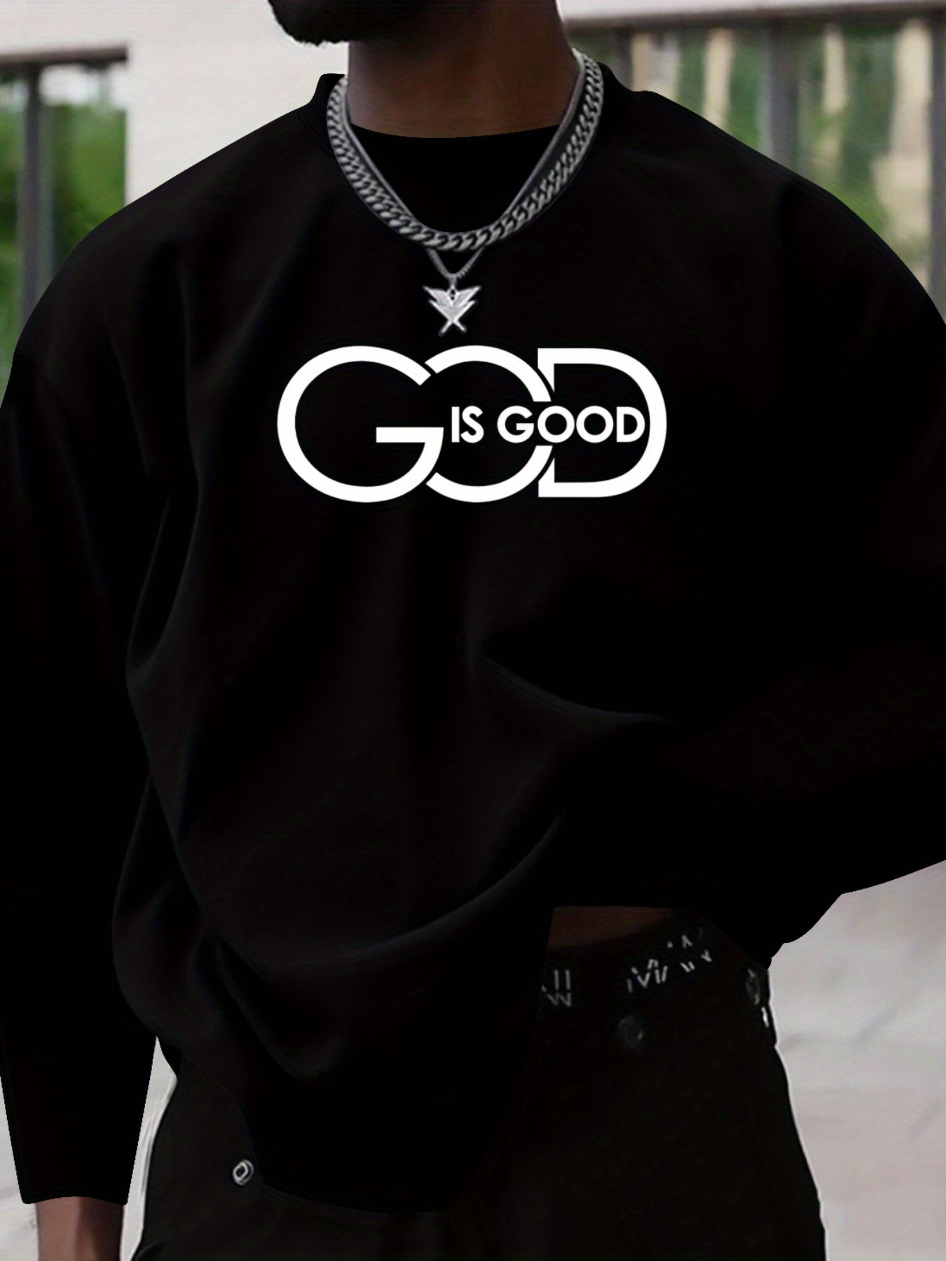 Men's Plus Size "GOD IS GOOD" Graphic Print Long Sleeve T-Shirt - Heather Gray Casual Comfort Fit Round Neck Top for Spring/Fall, Medium Stretch Fabric, PLUS SIZE