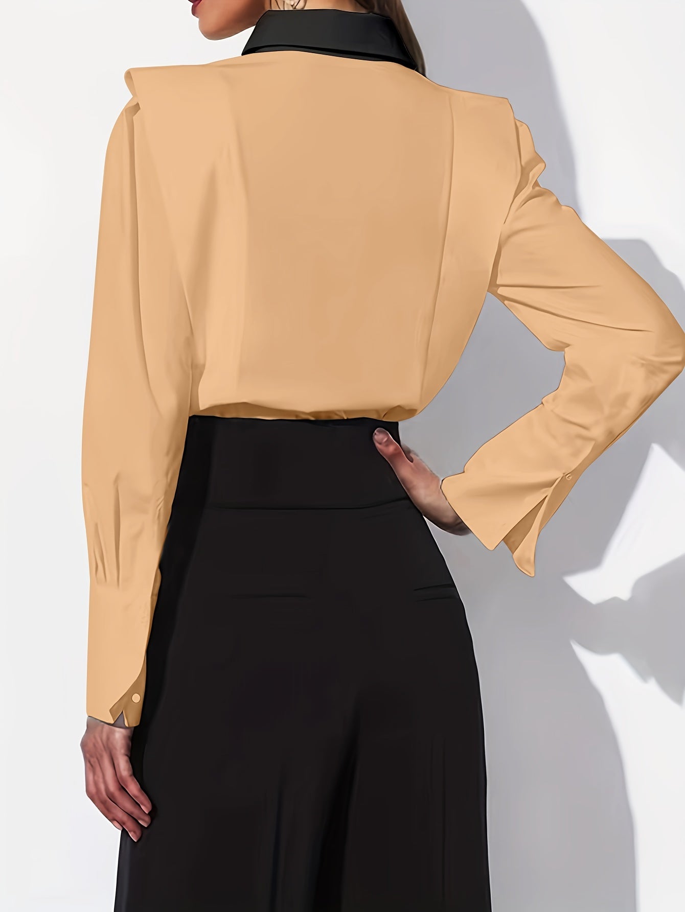 Women's Casual Contrast Trim Long Sleeve Shirt - Black & White Button-Up Blouse with Classic Collar, Semi-Sheer Fabric, Machine Washable, Elegant Office & Everyday Top, Versatile Fashion, Sophisticated Detailing