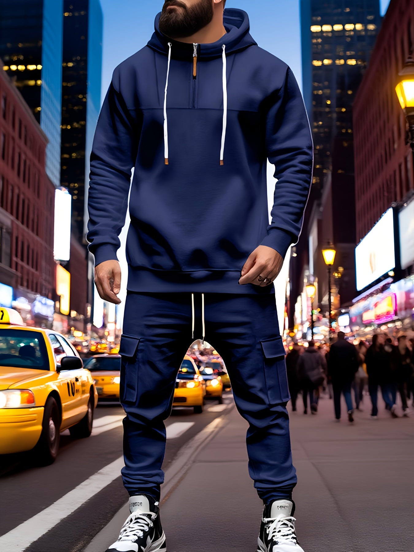 Exclusive for Tough Guys! Hooded Half - Zip Sweatshirt SetHeavyweight Fleece Fabric, Structured And Not Flimsy. The Half - Zip Design + Drawstring Hood, Full Of Street StyleThe Cargo Joggers with Multiple Pockets Are Practica