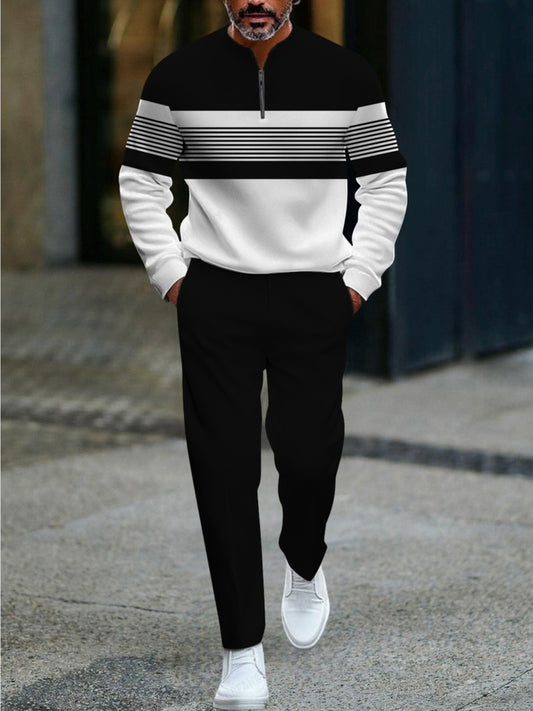Men'S Retro Color-Block Suit- Half-Zip Jacket+ Long Pants, Black and White Striped Design, Shaping Men'S Casual Image, Suitable for All Seasons, High-Quality Fabric, Ideal for Gifts and Travel, PLUS SIZE