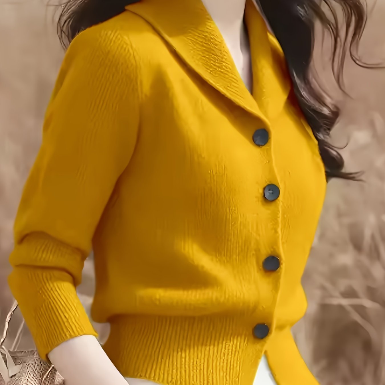 Women's Elegant Mustard-Yellow Cardigan - Long Sleeve Button-Front Design with Black Buttons, Turn- Collar & Ribbed Cuffs, All-Season Versatile Sweater for Casual or Formal Outfits, Layering Piece, Formal Attire, Sophisticate