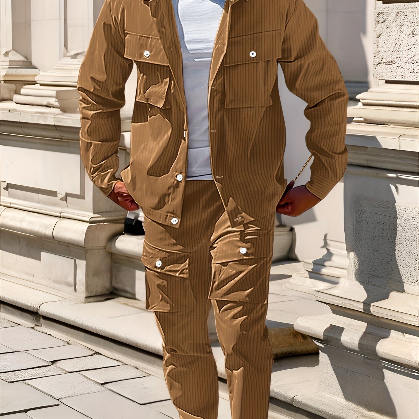 Large Size Men's Casual Long Sleeve Shirt and Trousers Set, PLUS SIZE