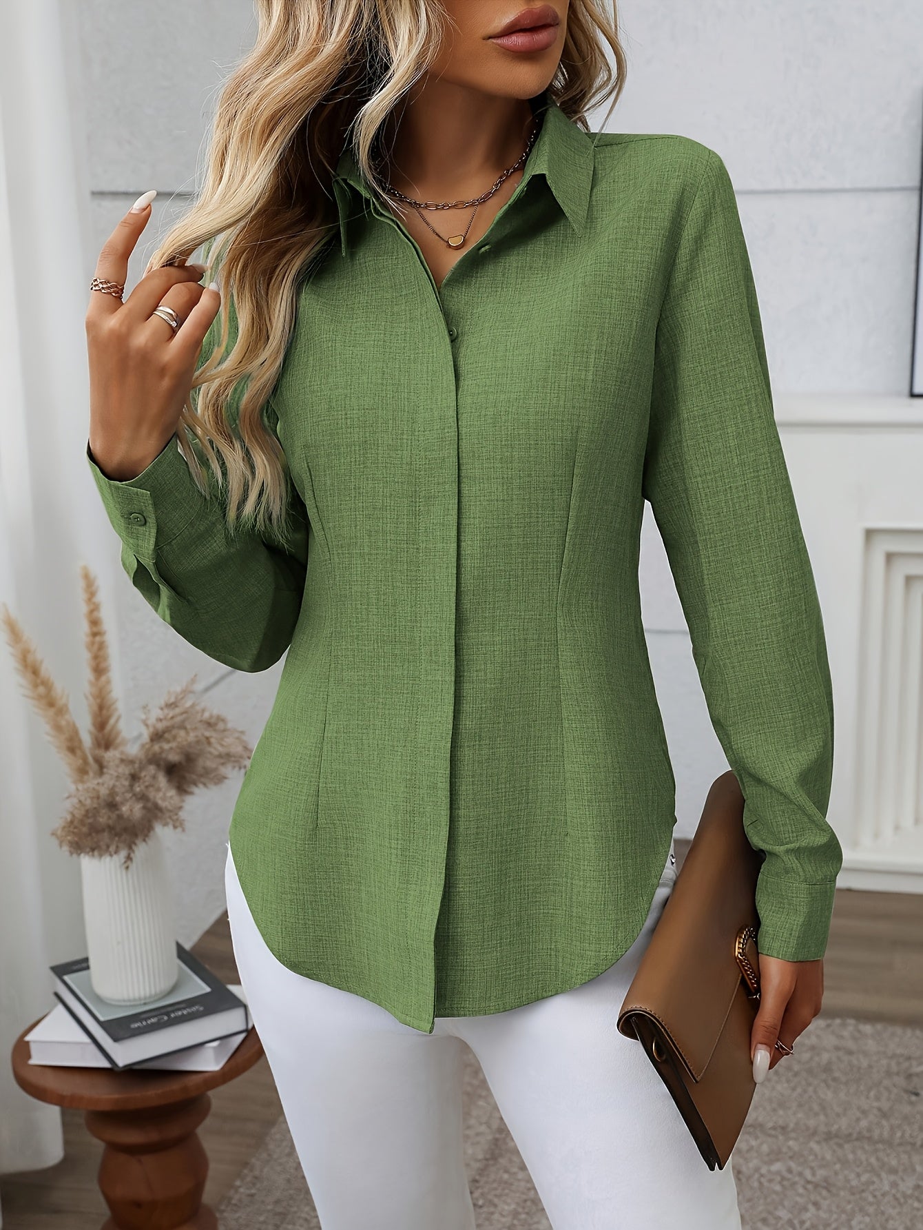 Women'S Elegant Loose-Fit Long Sleeve Blouse - Classic Button-Front Placket, Office & Casual Shirt for Teachers, Professionals - All-Season Everyday & Formal Attire - Easy-Care Women'S Business Blouse, Teacher Wardrobe Essent