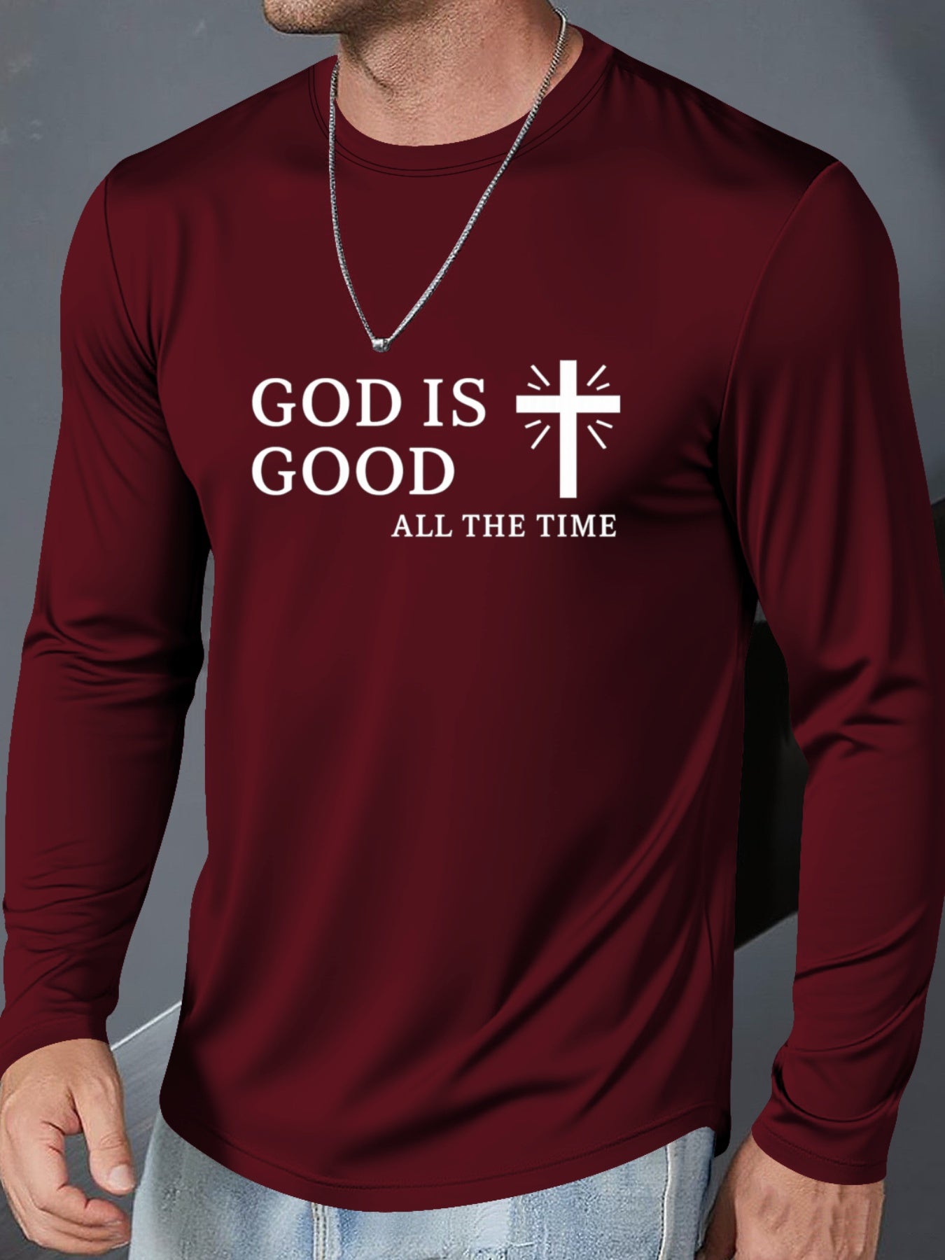 Men's Plus Size Christian Faith T-Shirt - Inspirational "GOD IS GOOD ALL THE TIME" & Cross Print, Breathable Long Sleeve Round Neck Casual Shirt for Church, Casual Attire, Spring/Fall Layering (Adults & Teens) - Comfortable R