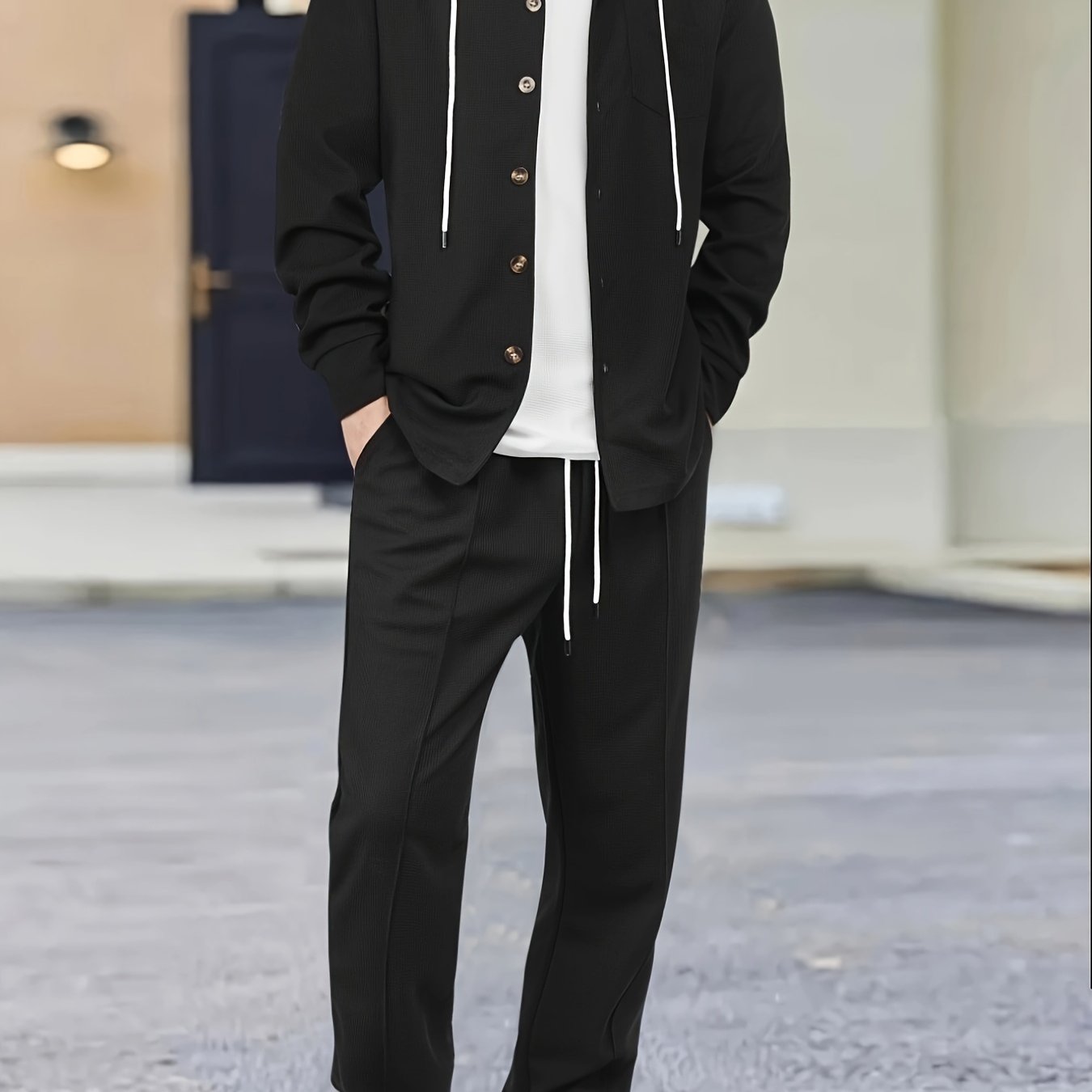 Men's Two-Piece Waffle Knit Set with Hooded Button-Up Cardigan and Drawstring Sweatpants Casual Wear Comfortable Outfit for Spring/Autumn