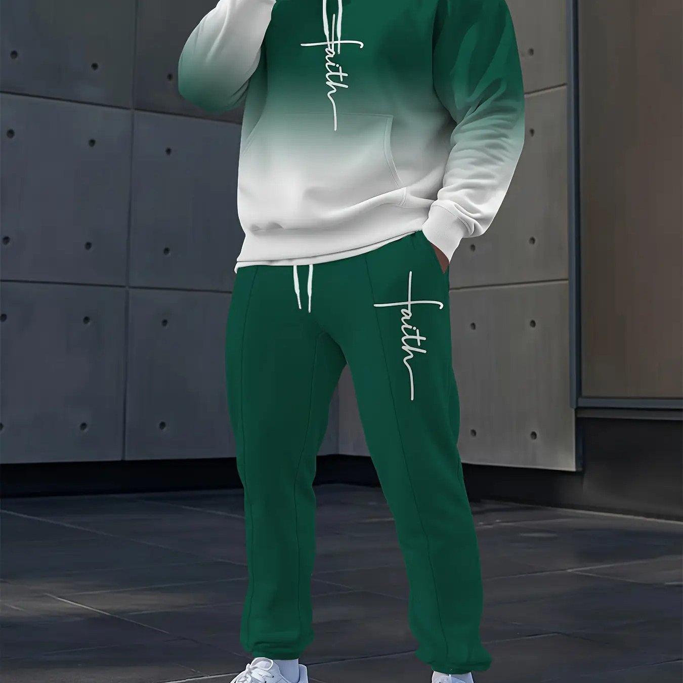 2pcs Gradient Letter 3D Digital Print Hooded Sweatshirt & Sweatpants Set - Unisex Couple Matching Outfits, Green to White Ombre with Faith Lettering, Full-Zip Hoodie & Elastic Waist Joggers, Machine Washable Casual Gym & Casu
