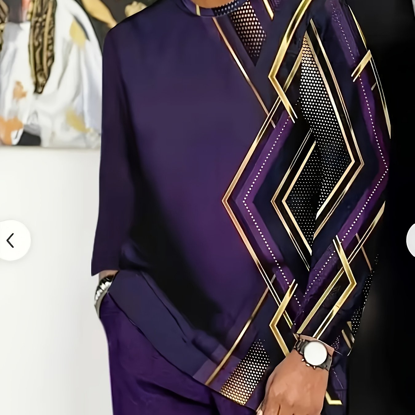 Large Men's Casual Sportswear Set -100% Polyester Fiber Knitted Fabric, Slightly Elastic, Round Neck Long Sleeved Top And Pants, Regular Silhouette, Geometric Pattern Details, PLUS SIZE