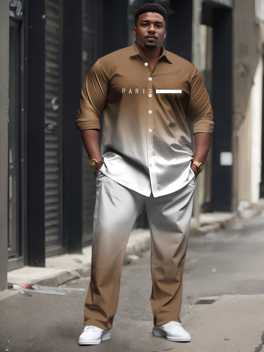 Plus Size Men'S Casual Knit Set - All-Over Gradient Print Long Sleeve Shirt & Pants, Comfortable Stretch Fabric, Breathable & Machine Washable, Regular Fit with Pockets, PLUS SIZE