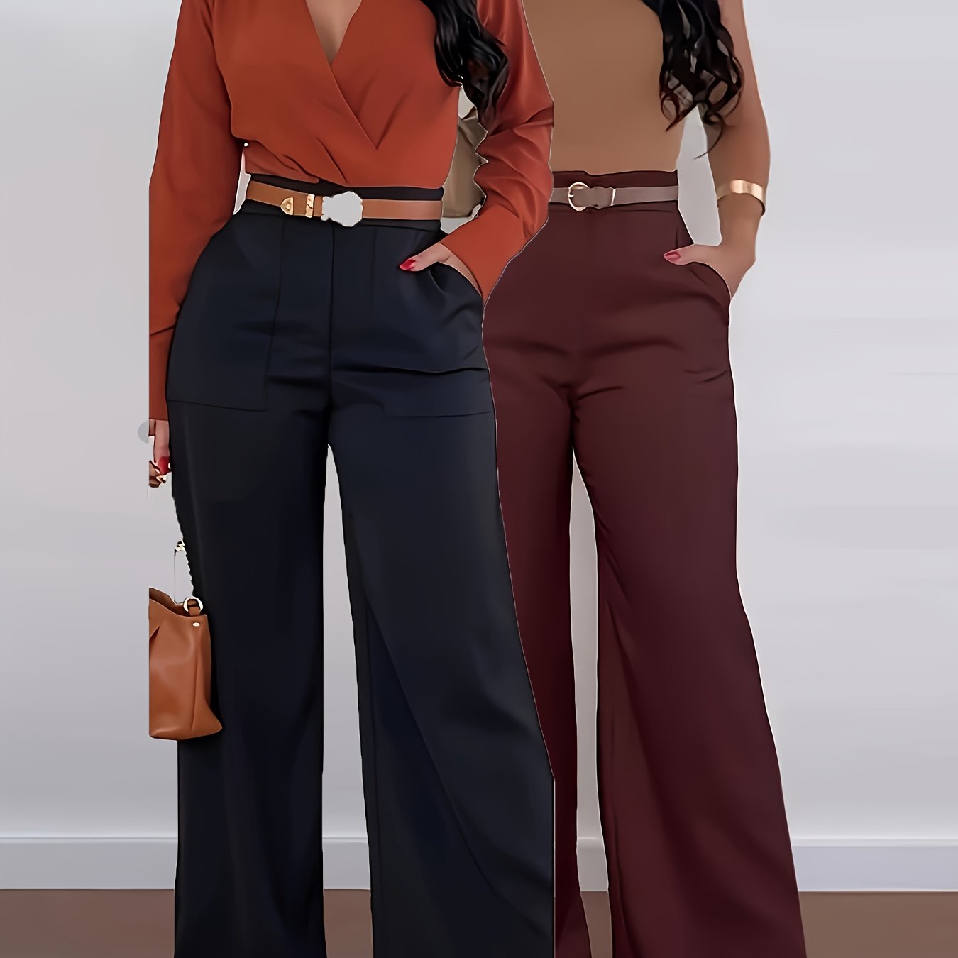 2pcs Women'S High-Waist Wide-Leg Pants - Elegant Solid Color Straight-Leg Cargo Pants with Large Pockets, All-Season Comfort, Olive Green & White, Perfect for Casual or Stylish Outfits, High Waisted Pants, Versatile Clothing,