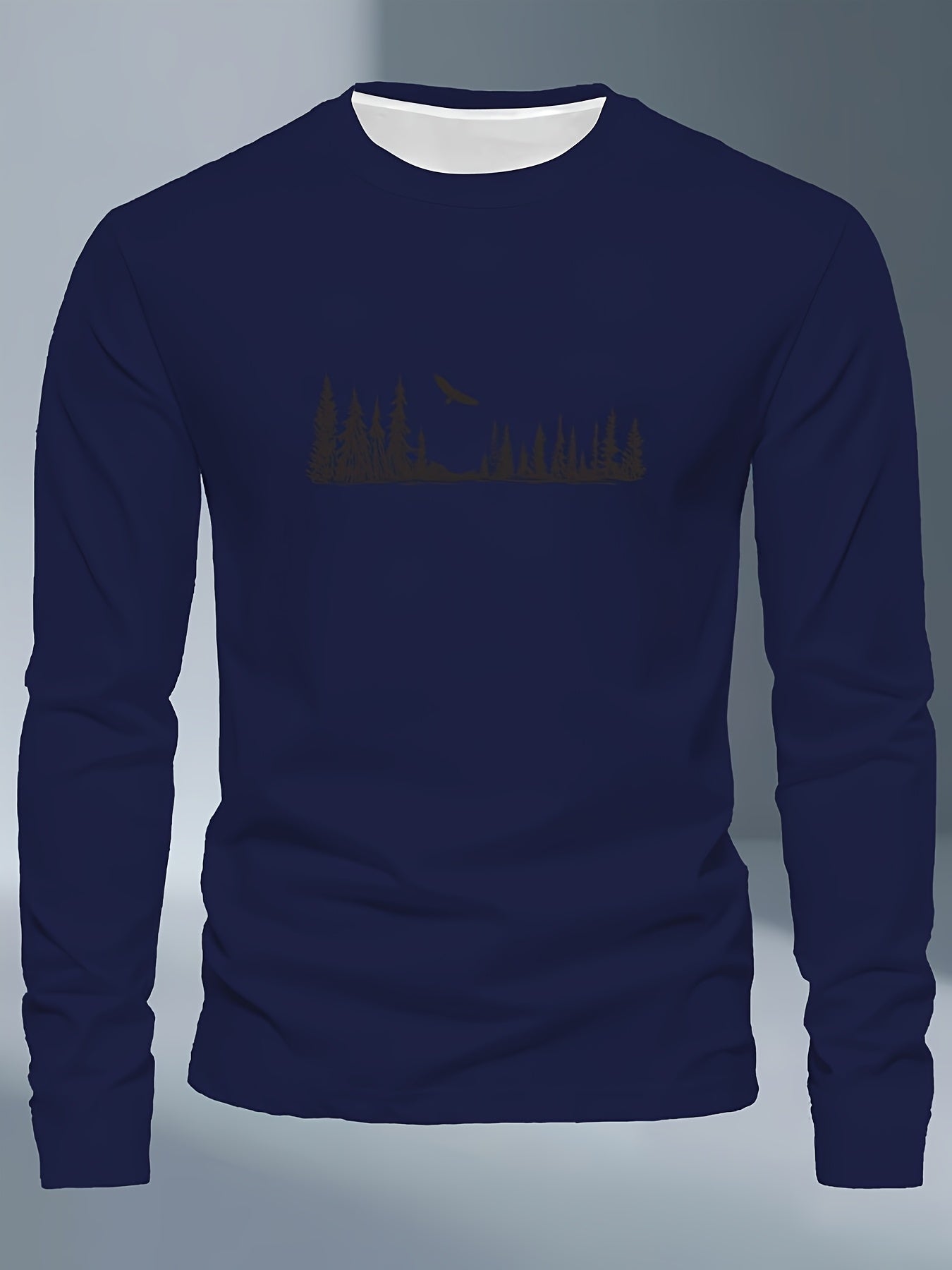 Men's Plus Size Long Sleeve T-Shirt - Navy Blue with Golden Pine Tree & Bird Design - Relaxed Fit Casual Everyday & Formal Wear - Machine Washable Graphic Tee, Durable Fabric Shirt, Versatile Top, Geometric Pattern, Comfortab