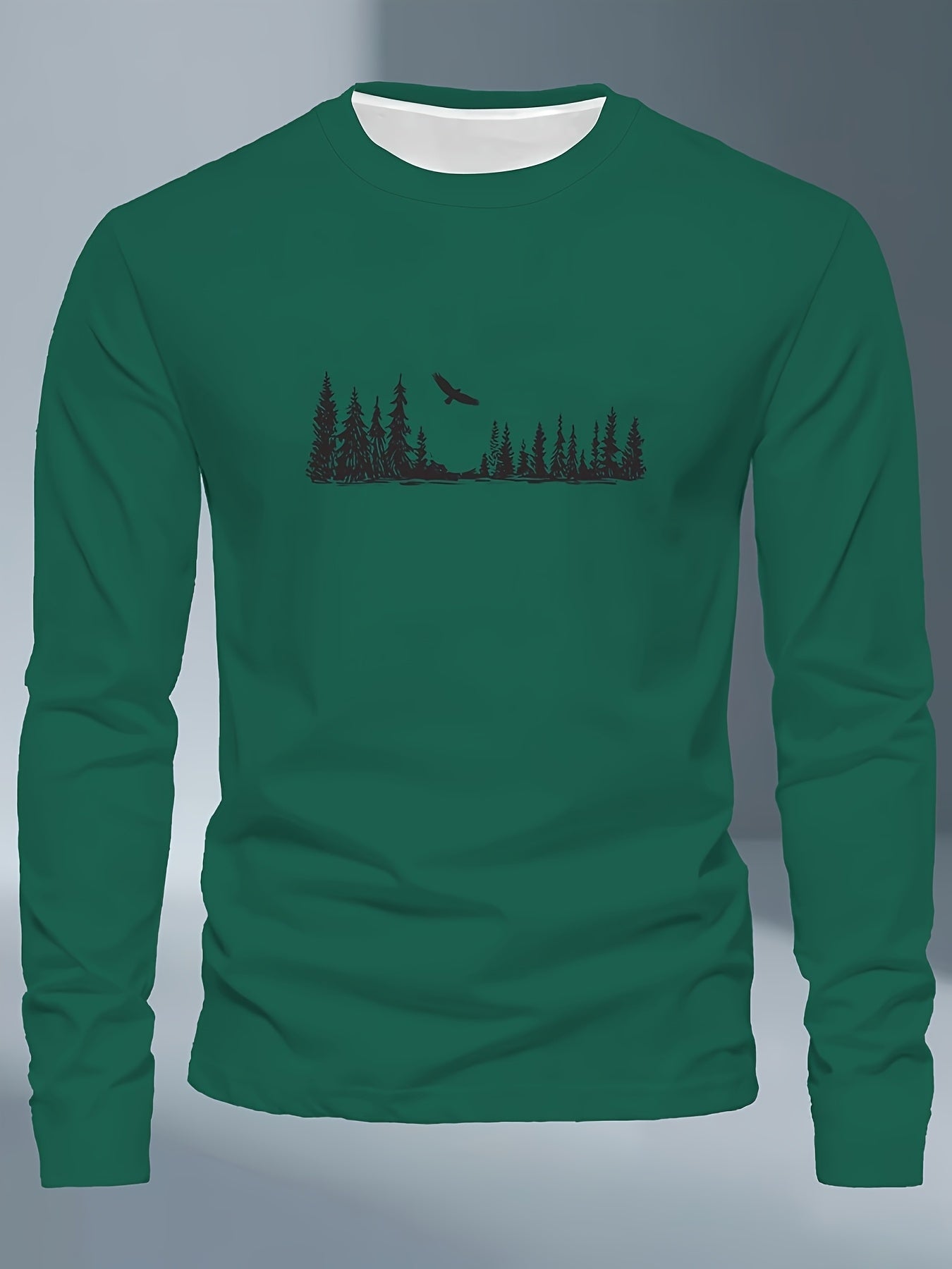 Men's Plus Size Long Sleeve T-Shirt - Navy Blue with Golden Pine Tree & Bird Design - Relaxed Fit Casual Everyday & Formal Wear - Machine Washable Graphic Tee, Durable Fabric Shirt, Versatile Top, Geometric Pattern, Comfortab