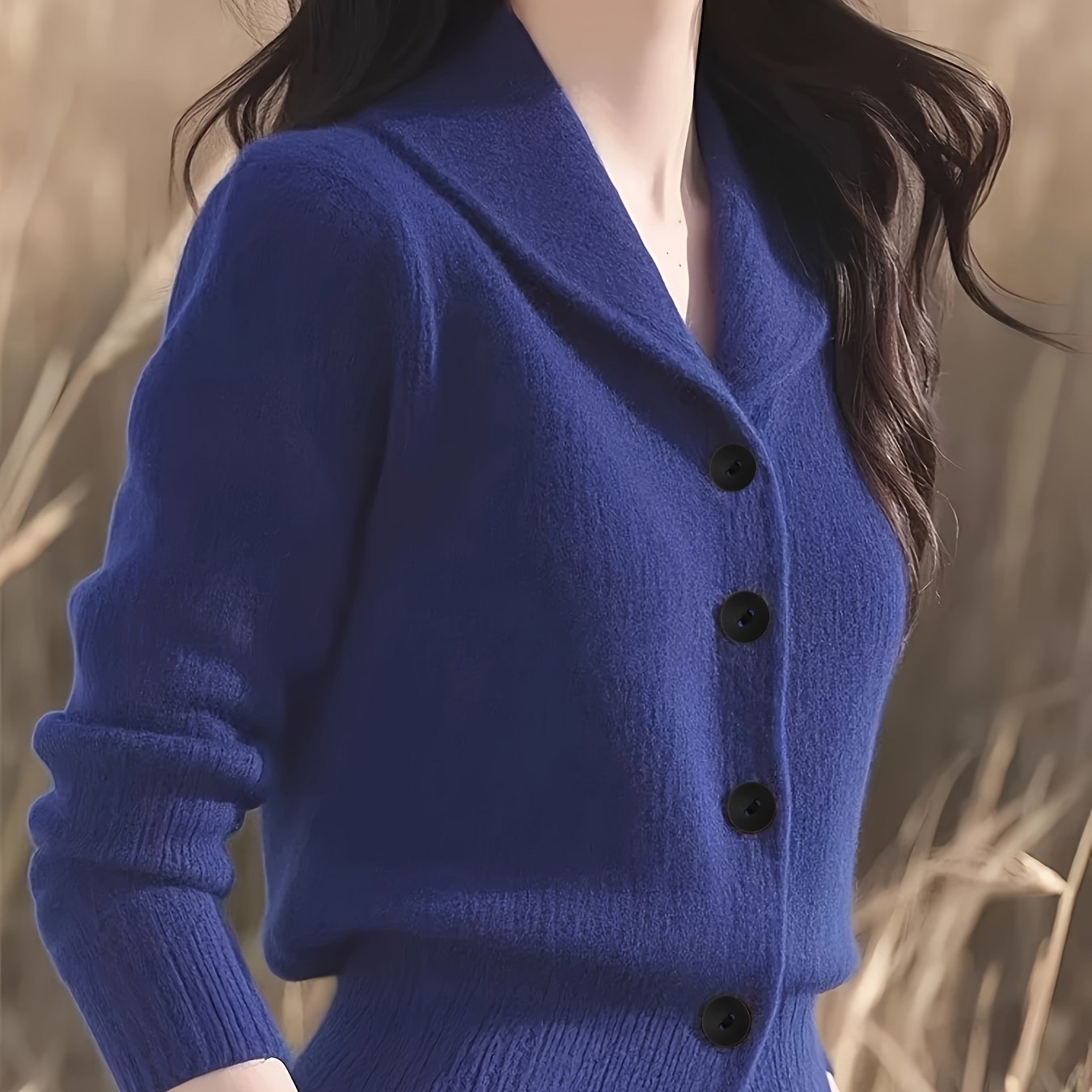 Women's Elegant Mustard-Yellow Cardigan - Long Sleeve Button-Front Design with Black Buttons, Turn- Collar & Ribbed Cuffs, All-Season Versatile Sweater for Casual or Formal Outfits, Layering Piece, Formal Attire, Sophisticate