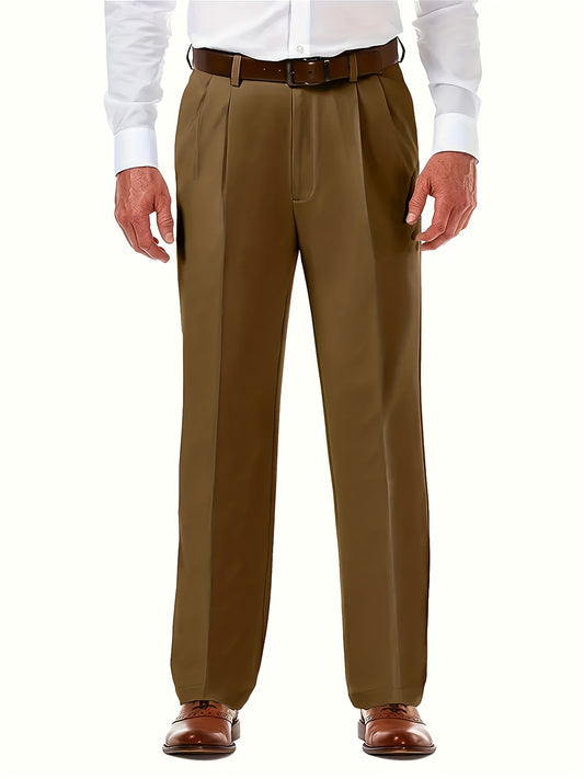 Men'S Plus Size Solid Color Suit Pants - Regular Fit Casual Dress Pants with Button Details, Non-Stretch Fabric, All-Season Wear, Plus Size Pants, PLUS SIZE