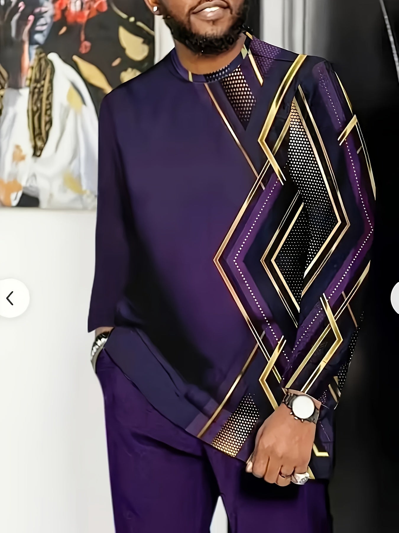 Large Men's Casual Sportswear Set -100% Polyester Fiber Knitted Fabric, Slightly Elastic, Round Neck Long Sleeved Top And Pants, Regular Silhouette, Geometric Pattern Details, PLUS SIZE