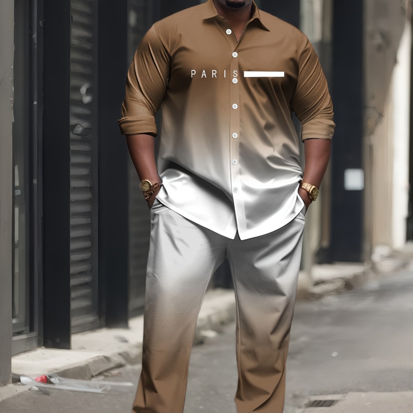 Plus Size Men'S Casual Knit Set - All-Over Gradient Print Long Sleeve Shirt & Pants, Comfortable Stretch Fabric, Breathable & Machine Washable, Regular Fit with Pockets, PLUS SIZE