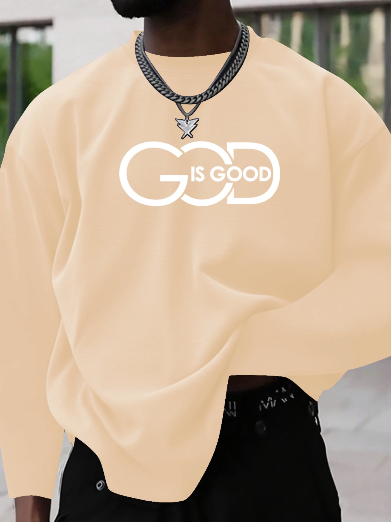 Men's Plus Size "GOD IS GOOD" Graphic Print Long Sleeve T-Shirt - Heather Gray Casual Comfort Fit Round Neck Top for Spring/Fall, Medium Stretch Fabric, PLUS SIZE