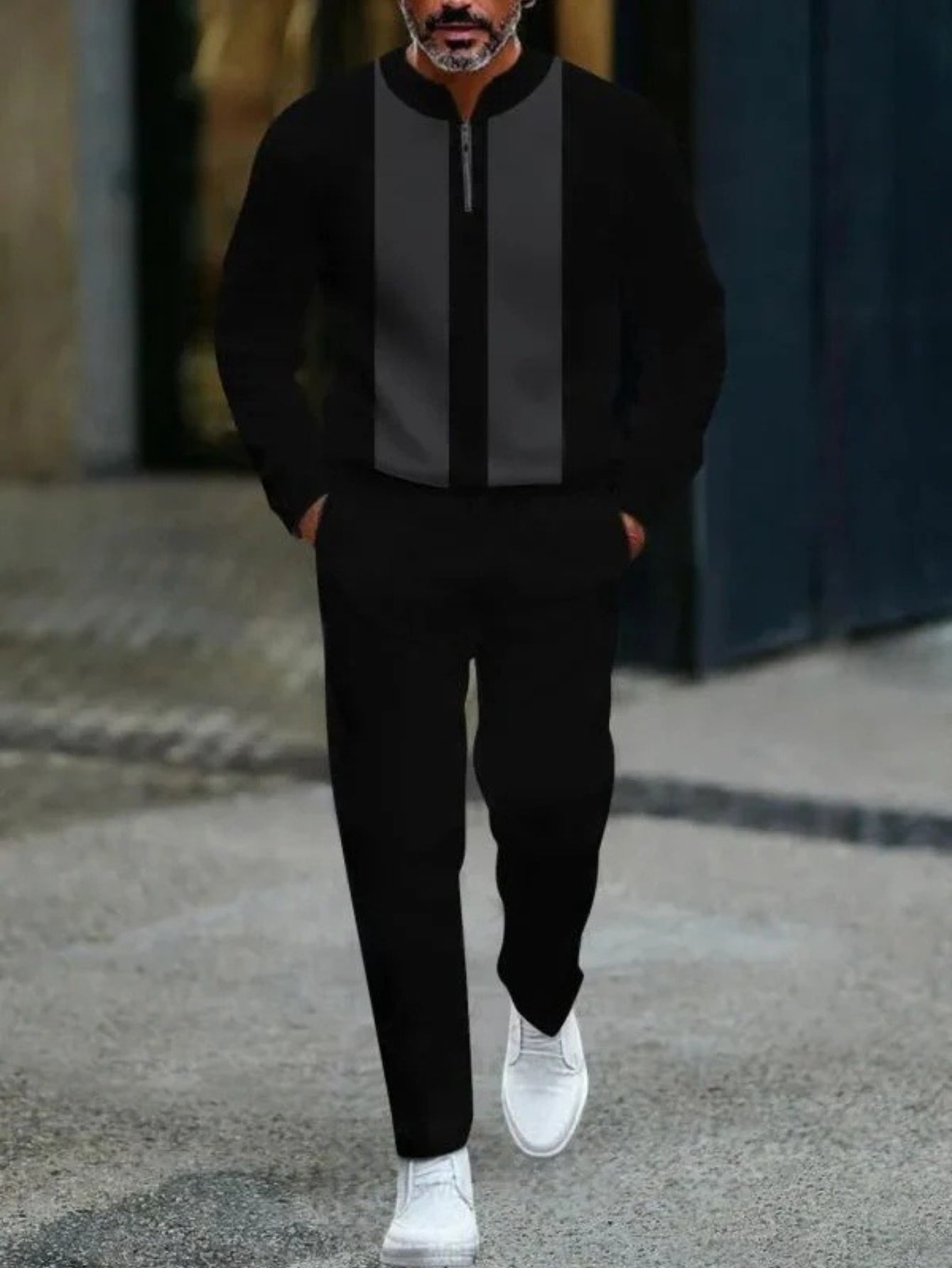 2pcs Men'S Black Sports Suit with Geometric Stripe Design - Long Sleeve Top & Pants, Half-Open Tie Zipper, Regular Fit, Casual & Fitness Wear, Plus Size, Casual Wear|Geometric Stripe Suit|Zippered Suit, PLUS SIZE