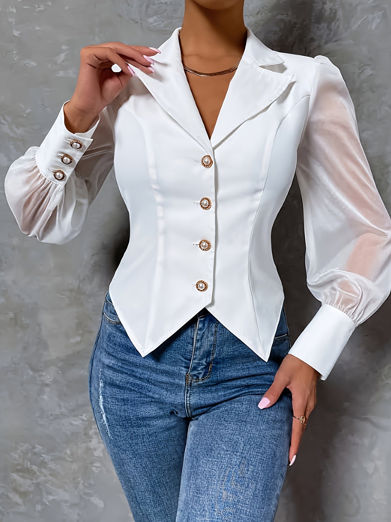 Solid Color Long Sleeve Blouse with Lapel Collar - Elegant Women's - Button Detail, Machine Washable