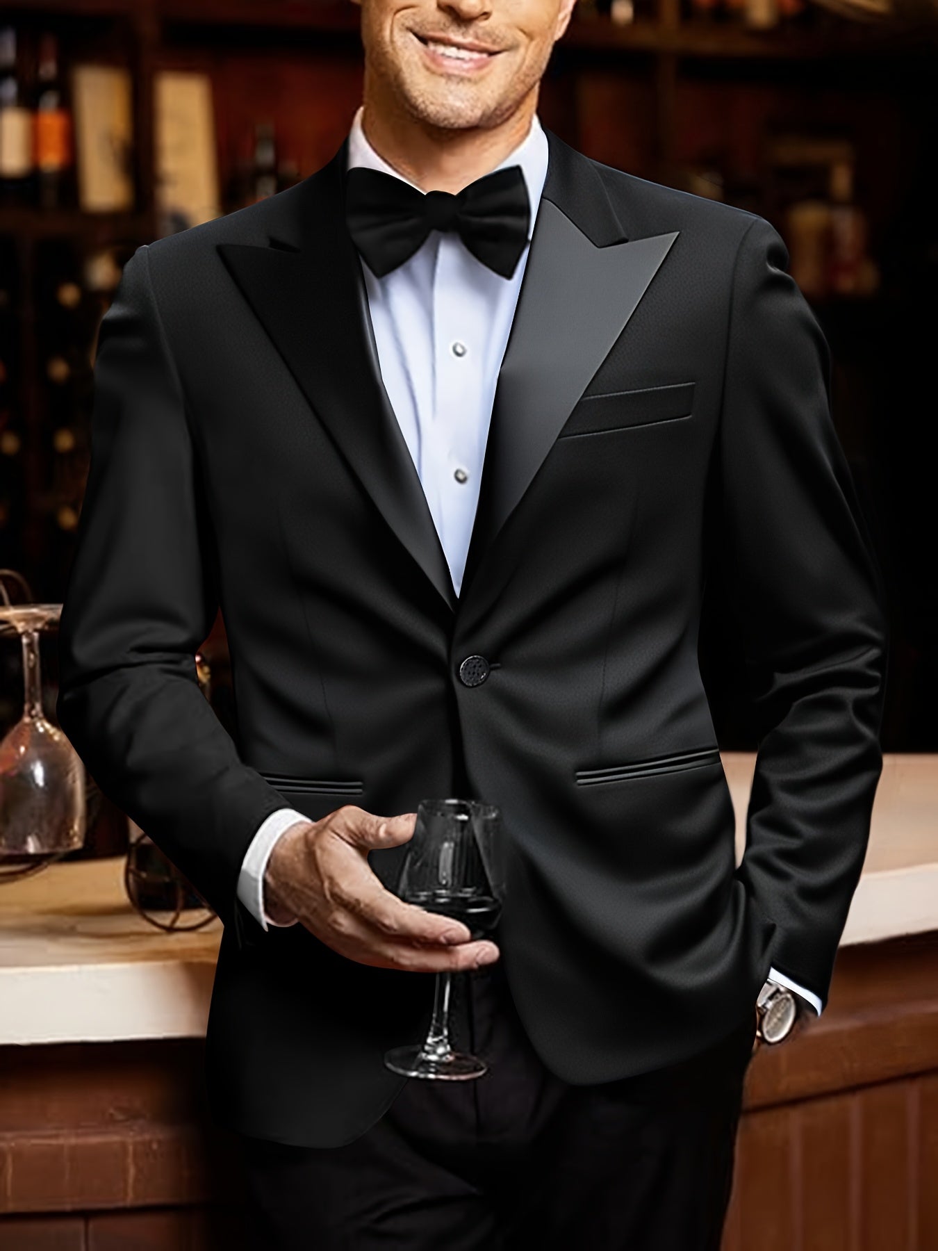 Men's Plus Size Elegant Black Tuxedo with Flat Peak Lapel & Single-Button Closure - Formal Evening Suit with Pockets, Machine Washable, All-Season Wear for Weddings, Prom, Galas & Business Events - Stylish & Comfortable Tailo