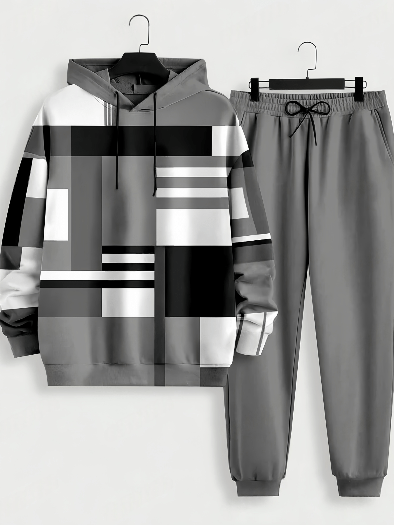 Geometric Splicing Hoodie+Casual Pants Set | Men's Fashion Sporty Style | Comfortable and Versatile Spring and Autumn | Suitable for Daily Commuting, Sports Travel
