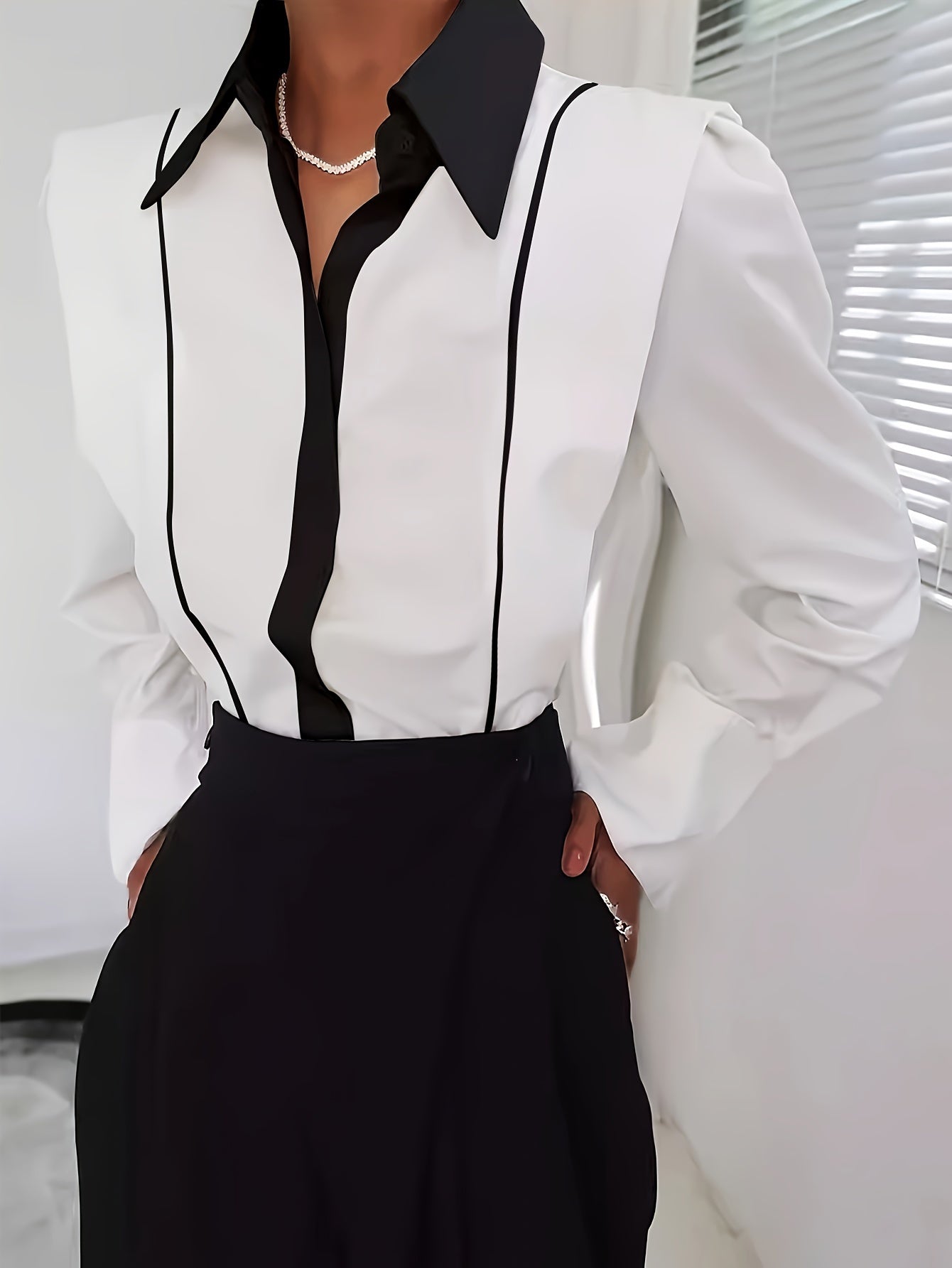 Women's Casual Contrast Trim Long Sleeve Shirt - Black & White Button-Up Blouse with Classic Collar, Semi-Sheer Fabric, Machine Washable, Elegant Office & Everyday Top, Versatile Fashion, Sophisticated Detailing
