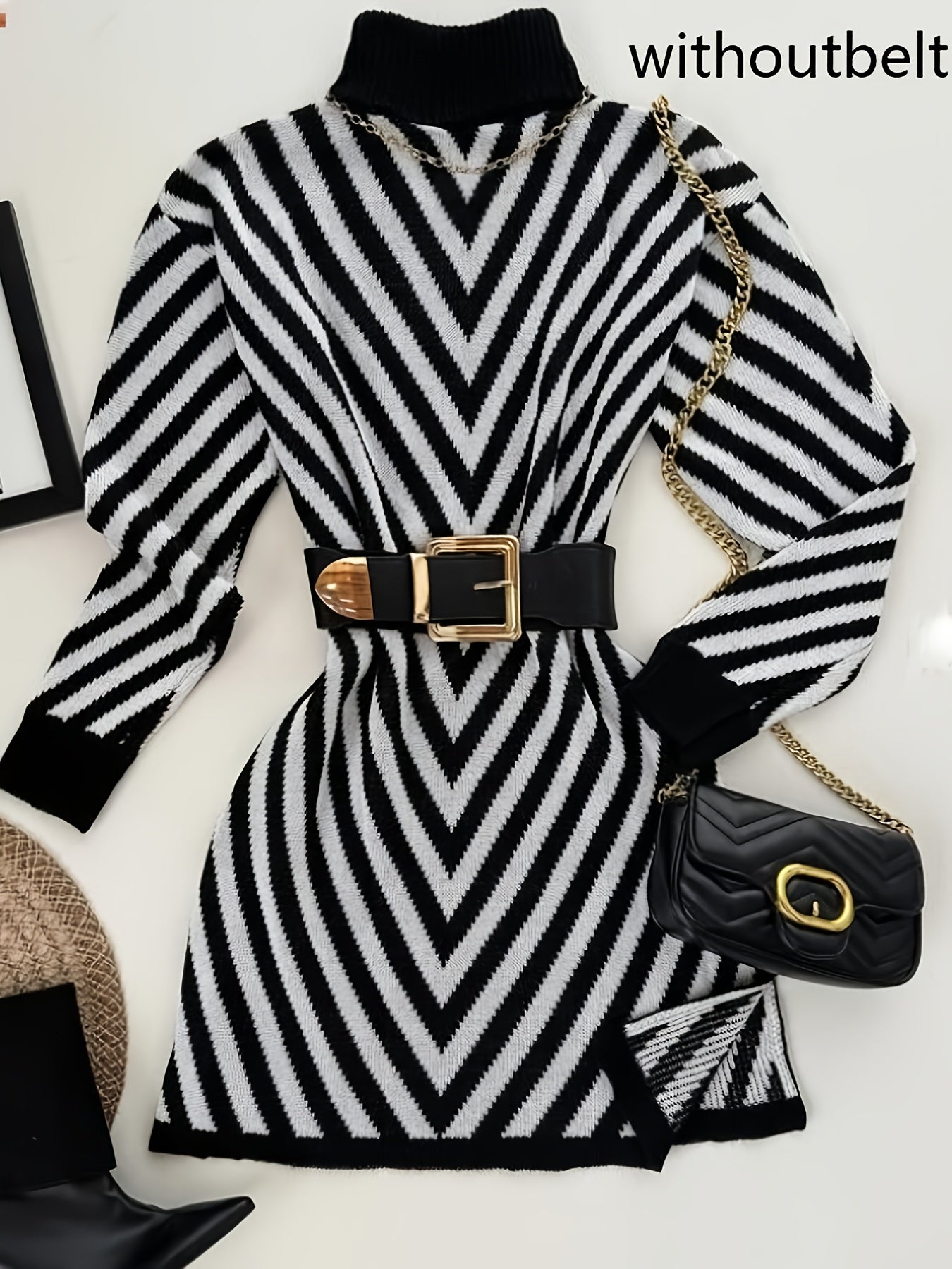 Women'S Elegant Long Sweater - Chic Black & White diagonal stripes, High Neck Longline Top for Fall/Winter, Office, Party, Everyday Outfits - No Belt Needed, Easy-Care Women'S Clothing, Ladies Sweaters, Winter Wardrobe, Drop