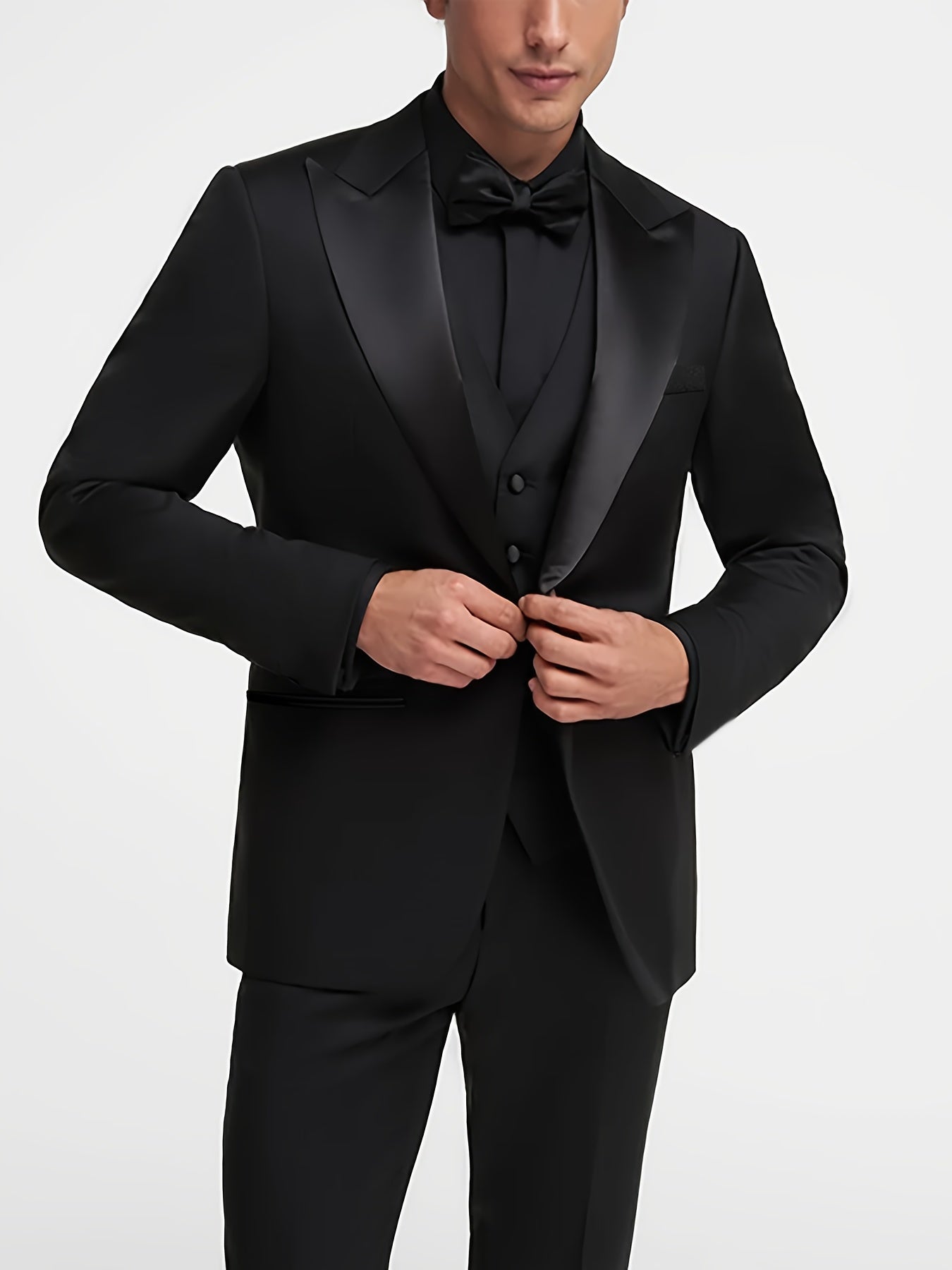 Men's Plus Size Elegant Black Tuxedo with Flat Peak Lapel & Single-Button Closure - Formal Evening Suit with Pockets, Machine Washable, All-Season Wear for Weddings, Prom, Galas & Business Events - Stylish & Comfortable Tailo