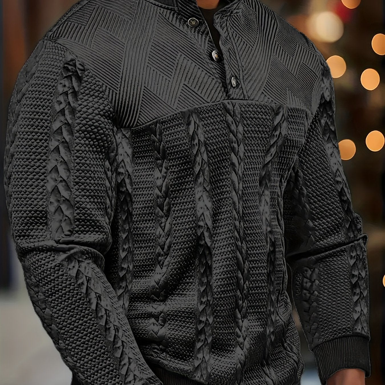 Men'S Jacquard Henley Shirt - Soft Stretch Long Sleeve Pullover with Button Front, Casual Knit Sweater for Fall/Winter, & Striped Design, Regular Fit Outdoor & Casual Attire, Winter Casual Wear | Striped Knitwear | Jacquard T