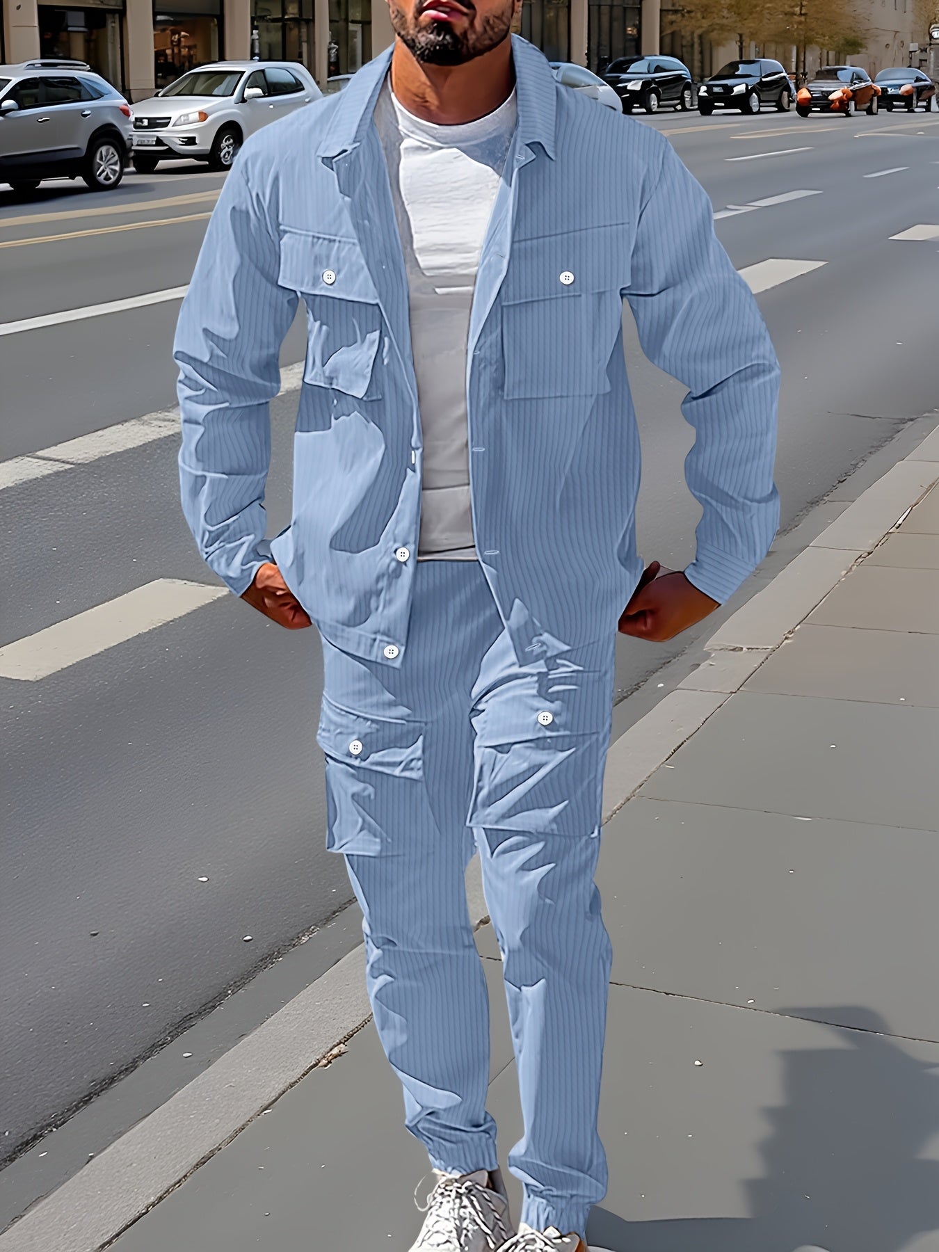 Large Size Men's Casual Long Sleeve Shirt and Trousers Set, PLUS SIZE