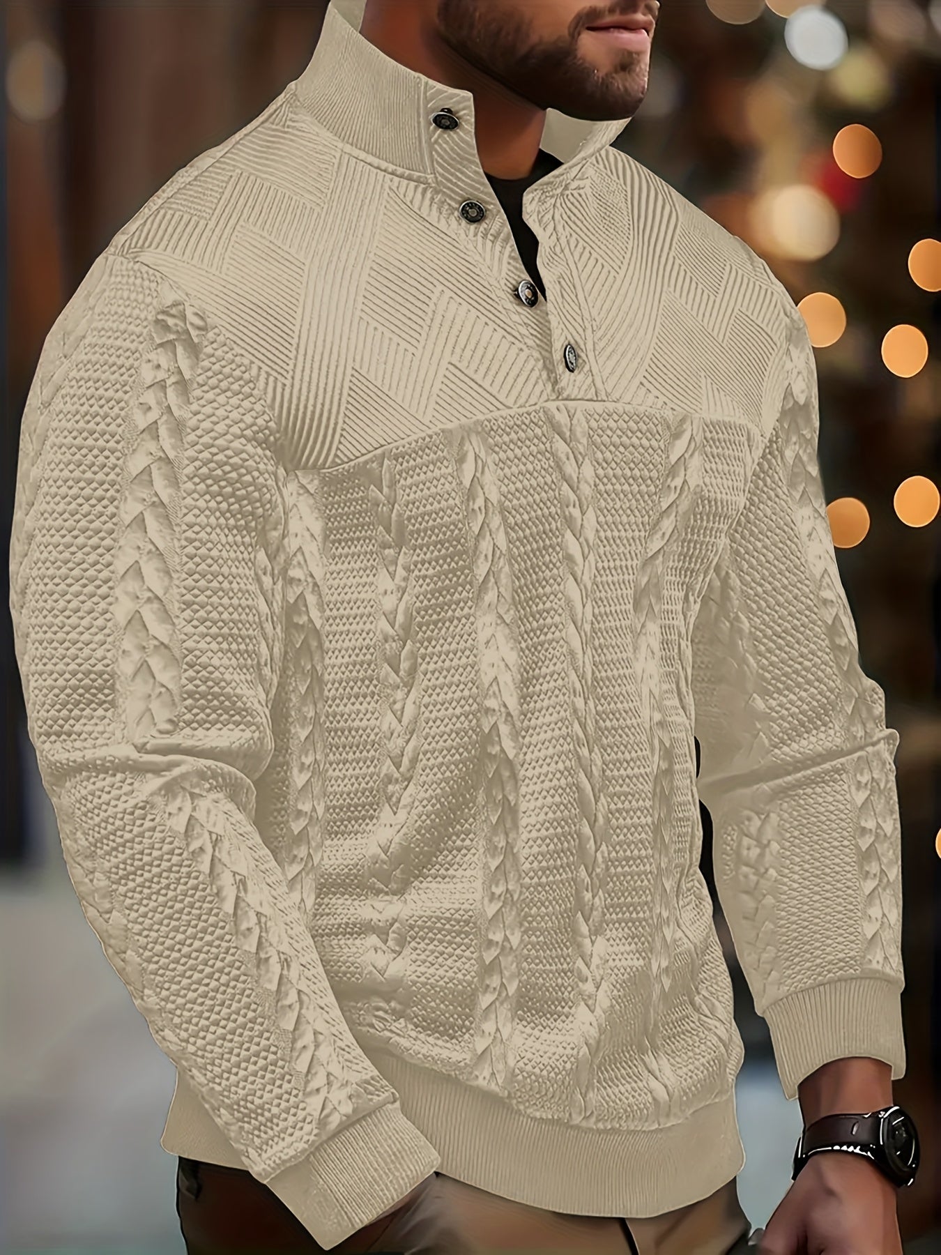 Men'S Jacquard Henley Shirt - Soft Stretch Long Sleeve Pullover with Button Front, Casual Knit Sweater for Fall/Winter, & Striped Design, Regular Fit Outdoor & Casual Attire, Winter Casual Wear | Striped Knitwear | Jacquard T