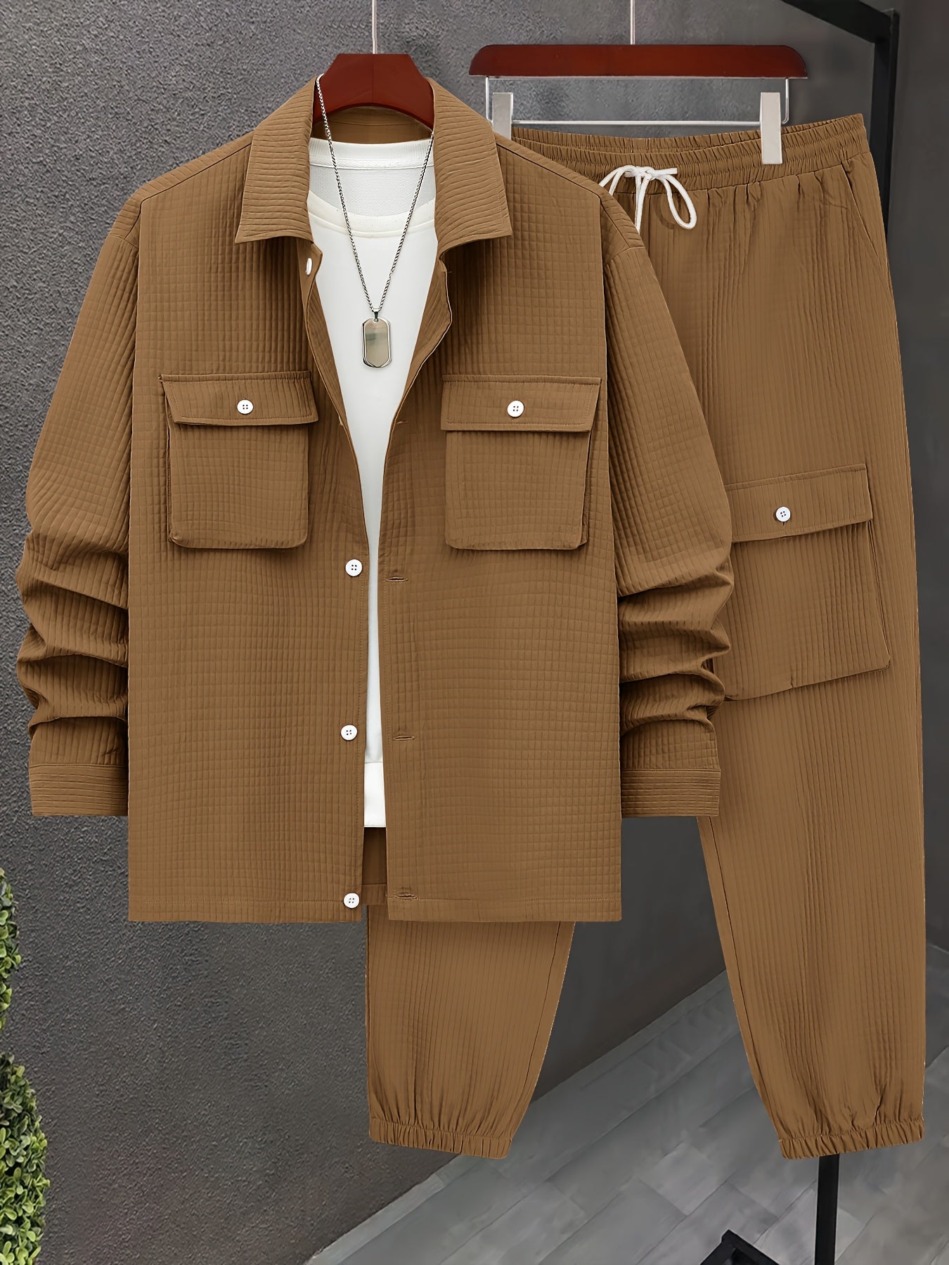 Large Size Men's Casual Long Sleeve Shirt and Trousers Set, PLUS SIZE