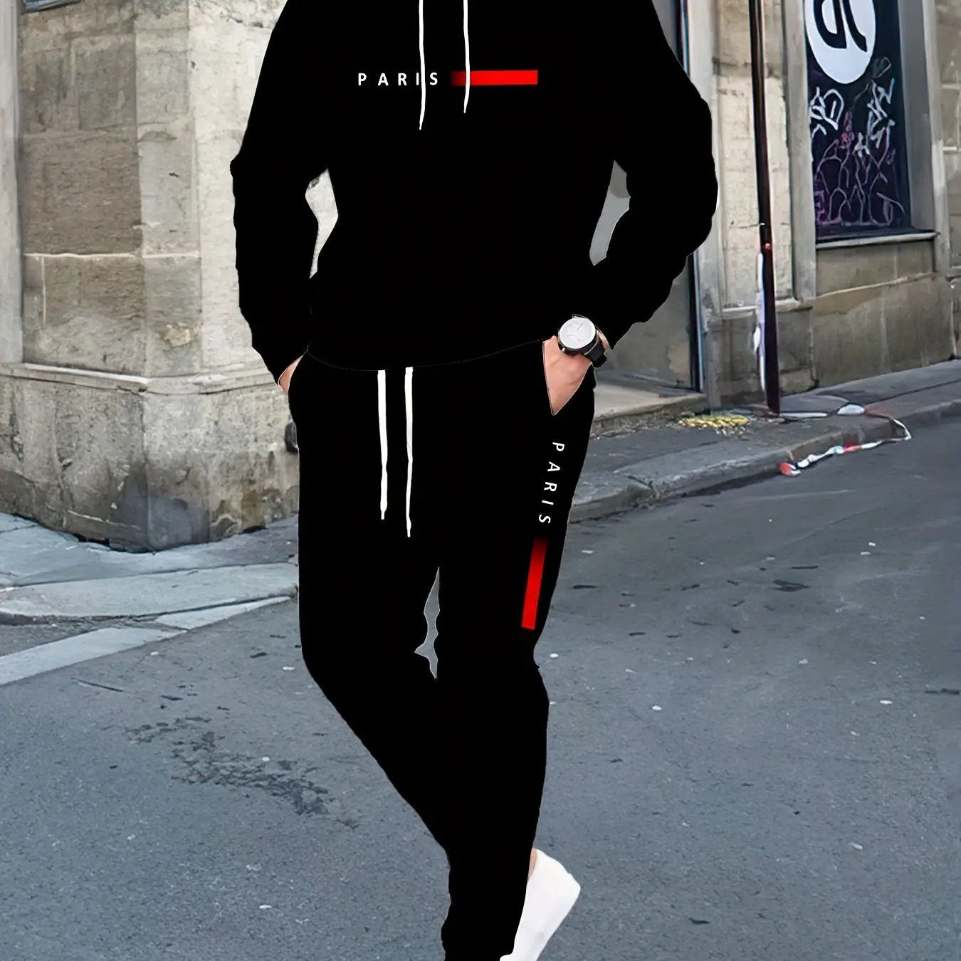 Men'S Parisian Style Hooded Sweatshirt & Joggers 2pcs Set - Oversized Fit Casual Athletic Wear with White Paris Lettering Print, Black with Red Accent Tracksuit, Regular Cut for Gym, Lounge & Everyday Comfort - Breathable Fab