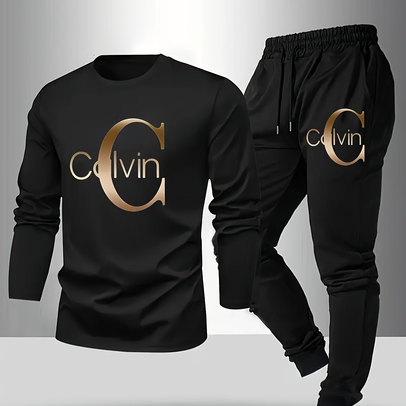 Large Men'S Long Sleeved T-Shirt And Pants Set, Spring/Autumn 2pcs Set with Letter Printed Round Neck Long Sleeved Top+Drawstring Outdoor Casual Sports Pants Set, Plus Size