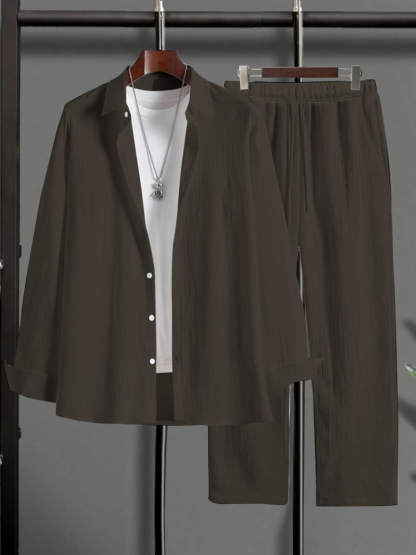 Plus Size Men's Sets, Long Sleeve Shirt & Trousers, Casual Suit Polyester Machine Washable, Lapel Stretch Outfit, Big & Tall Men, Stylish Comfort, Casual Wear, Work Attire, Stylish Set, Versatile Outfit, Comfortable Fit, Brea