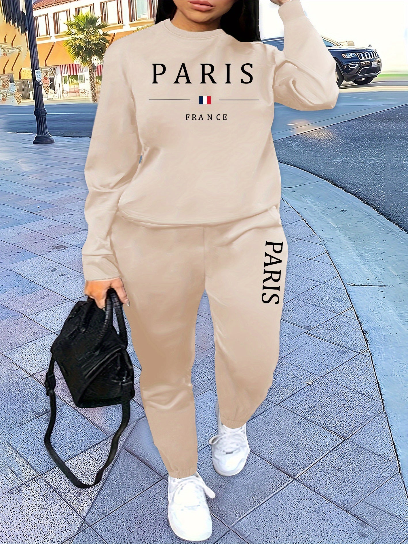 Letter Print Two Piece Set, Crew Neck Sweatshirt & Pants, Women's Clothing