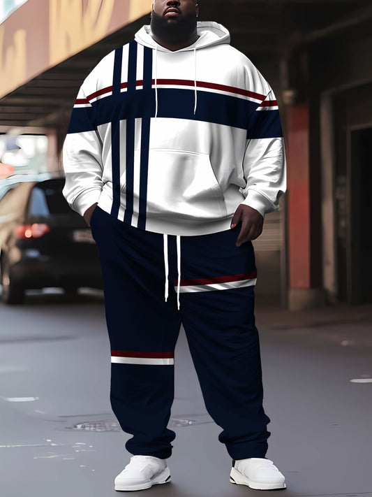 Plus Size 2pcs Men's Fashion Hoodie and Jogger Set with Color Block Stripe Pattern, 3D Print, Perfect for Spring Autumn Winter Wear, Machine Washable, PLUS SIZE