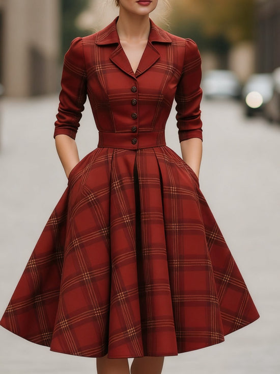 Burgundy Plaid Blazer-Style Waist-Defining A-Line Midi Dress for Women | Vintage-Inspired Elegant Workwear Piece, Perfect for Office Settings, Banquets, And Holiday Season Outfits.
