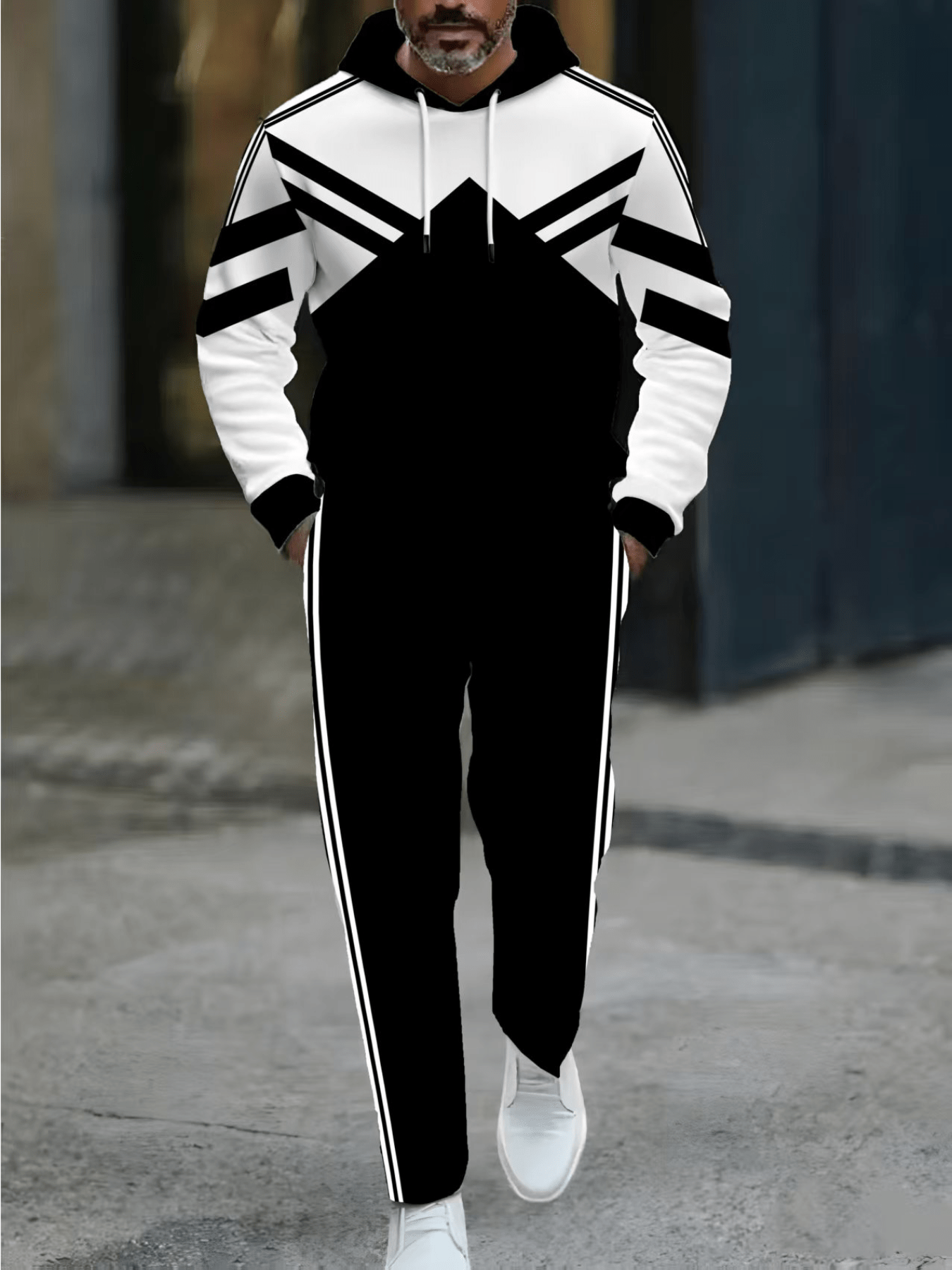 2pcs Men'S Plus-Size Hoodie & Pants Set - Black & White Geometric Pattern, Regular Fit Casual Sportswear for Outdoor Activities, Spring & Autumn, Back-to-School Essentials, Comfortable Clothing | Sporty Look | Durable Fabric,