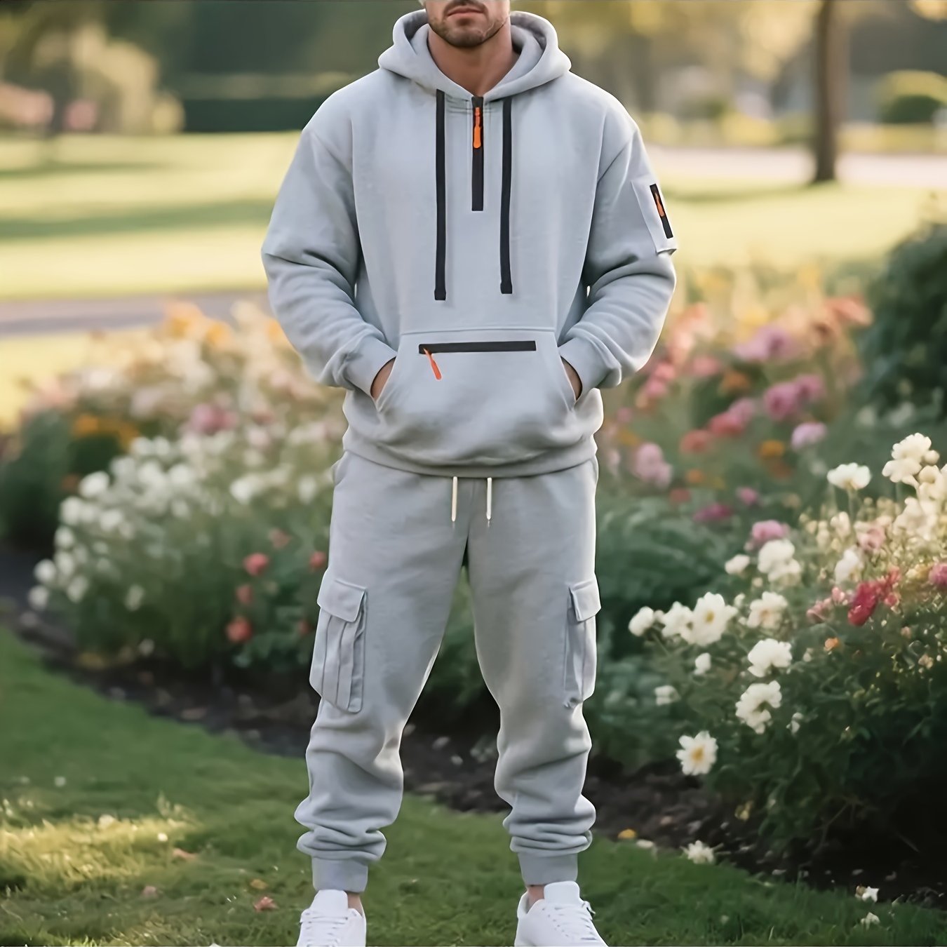 2pcs Men's Oversized Fleece Hooded Set - Heavyweight Warmth Breathable Fleece Jogger Tracksuit with Full-Zip Hoodie & Matching Pants, Grey/Black Casual Athletic Outfit for Gym, Outdoor, Casual Attire - Machine Washable, Round