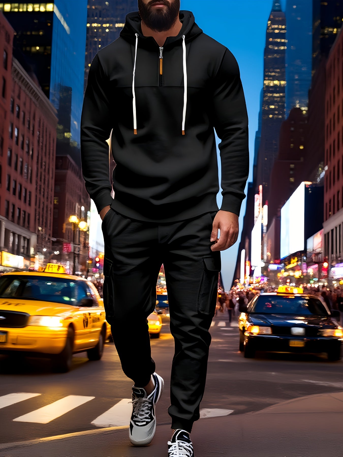 Exclusive for Tough Guys! Hooded Half - Zip Sweatshirt SetHeavyweight Fleece Fabric, Structured And Not Flimsy. The Half - Zip Design + Drawstring Hood, Full Of Street StyleThe Cargo Joggers with Multiple Pockets Are Practica