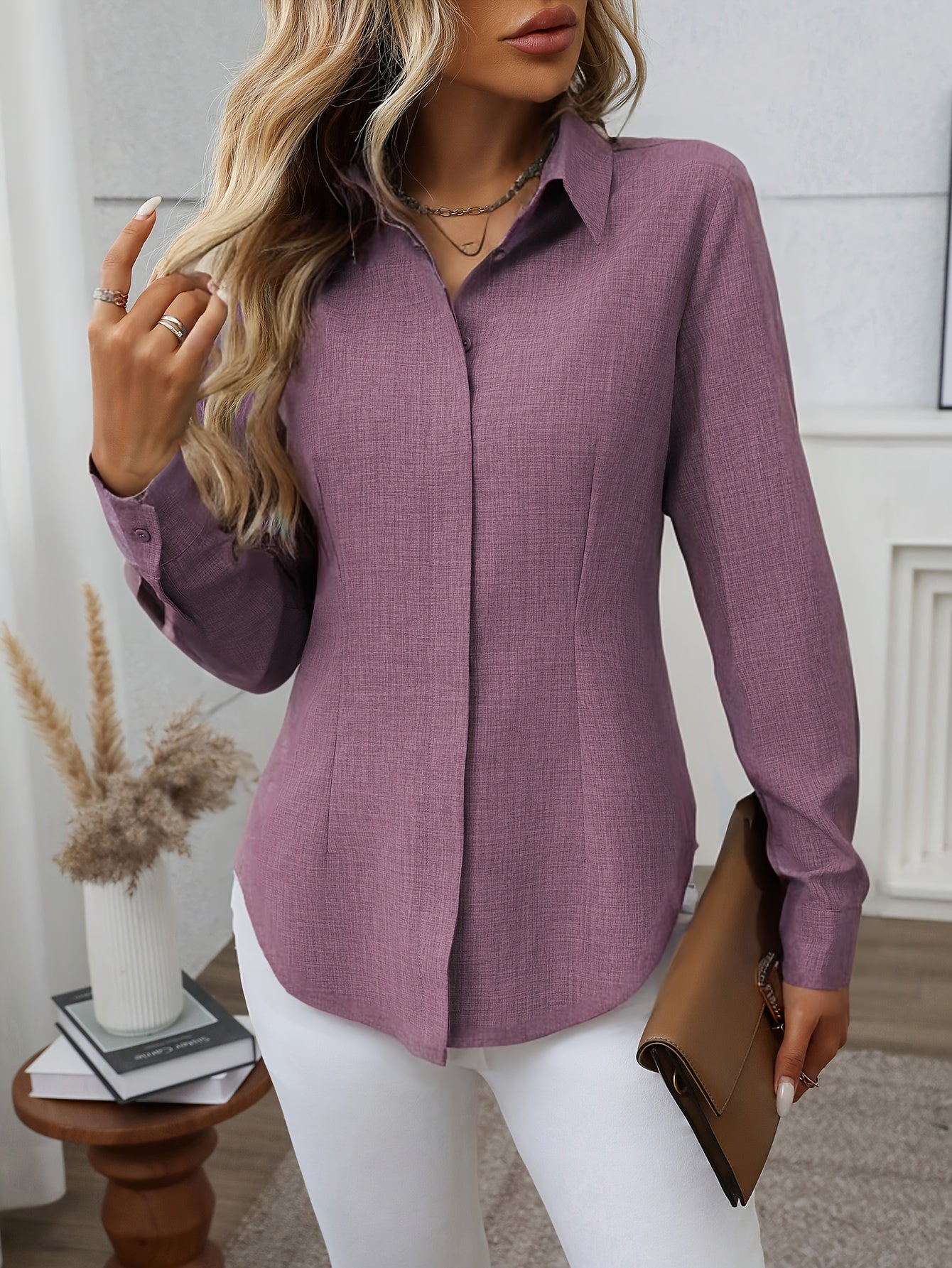 Women'S Elegant Loose-Fit Long Sleeve Blouse - Classic Button-Front Placket, Office & Casual Shirt for Teachers, Professionals - All-Season Everyday & Formal Attire - Easy-Care Women'S Business Blouse, Teacher Wardrobe Essent