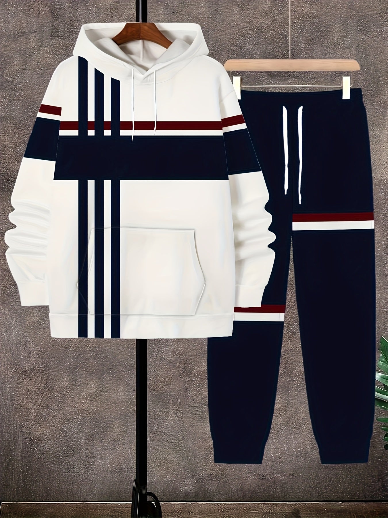Plus Size 2pcs Men's Fashion Hoodie and Jogger Set with Color Block Stripe Pattern, 3D Print, Perfect for Spring Autumn Winter Wear, Machine Washable, PLUS SIZE