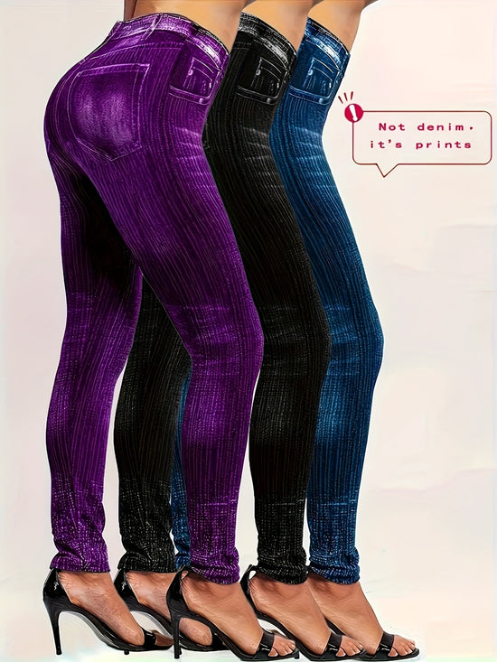 3-Pack Elegant Plus Size Stretch Skinny Jeans with Fake Pockets, 95% Polyester 5% Elastane, High Stretch Knit Fabric, All Over Print, All Seasons, 180gsm - Purple, Black, Blue