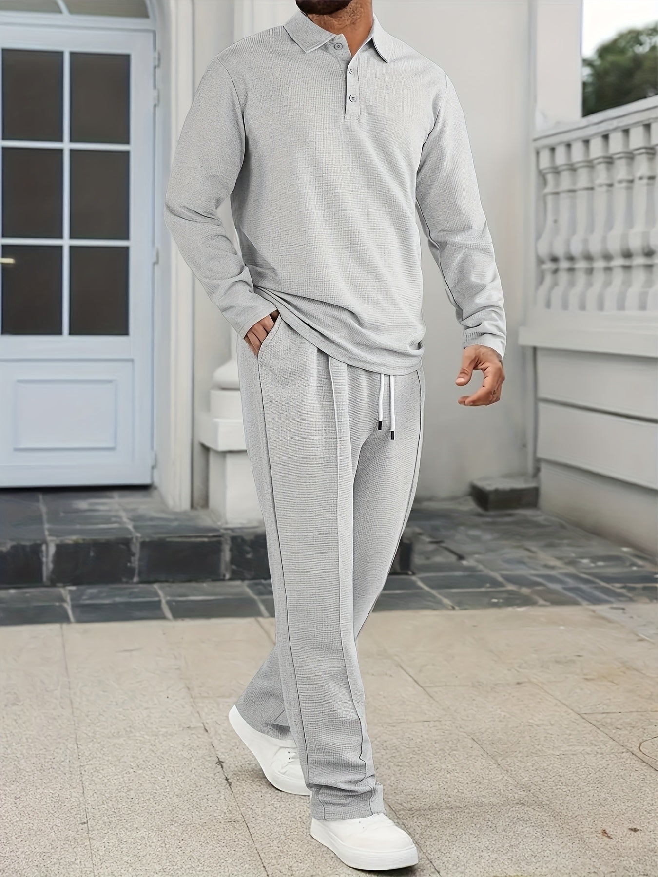 [Comfortable Men's Set] 2pcs Men's Long-Sleeve Shirt and Drawstring Pants Set - Clean, Comfortable, Breathable