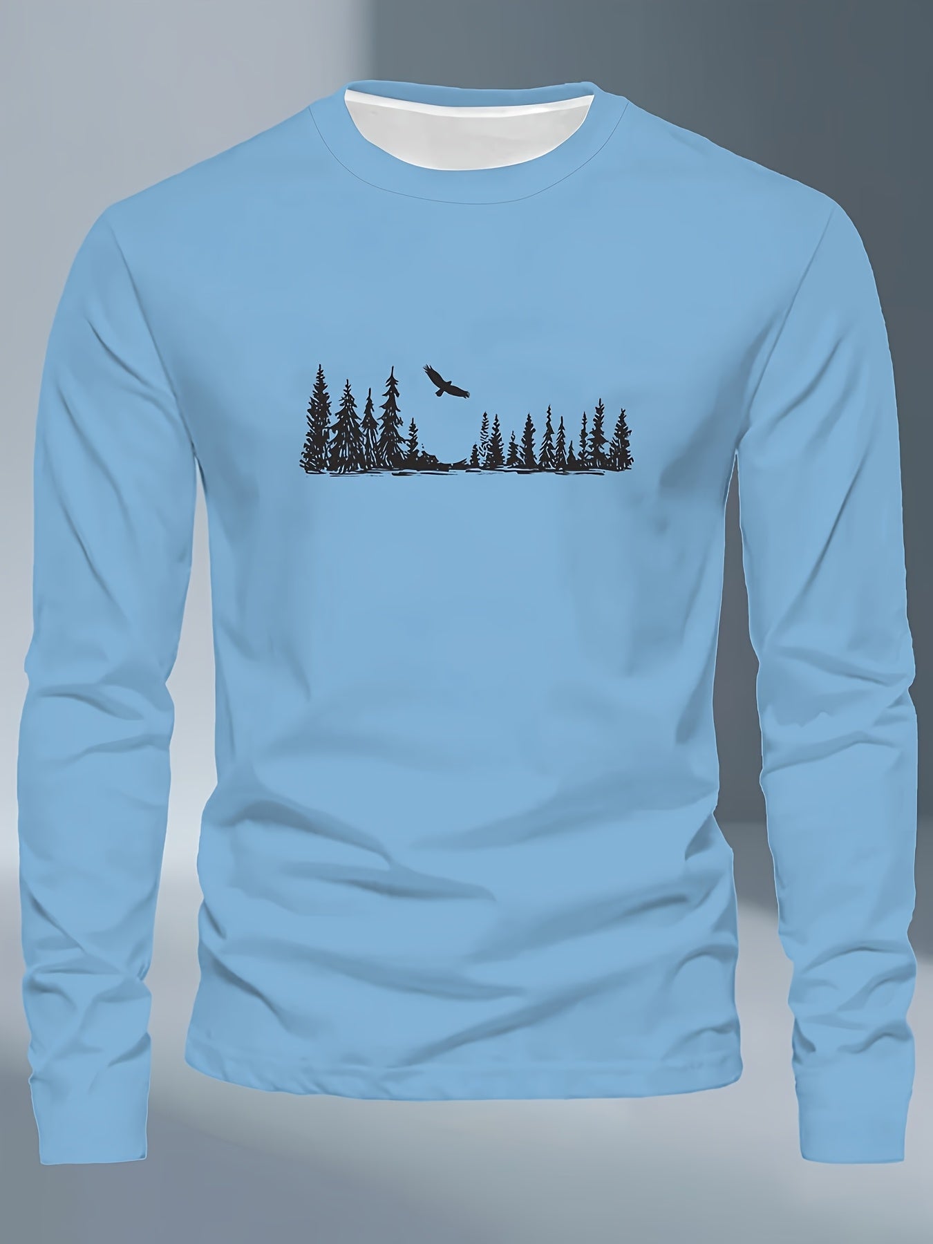 Men's Plus Size Long Sleeve T-Shirt - Navy Blue with Golden Pine Tree & Bird Design - Relaxed Fit Casual Everyday & Formal Wear - Machine Washable Graphic Tee, Durable Fabric Shirt, Versatile Top, Geometric Pattern, Comfortab