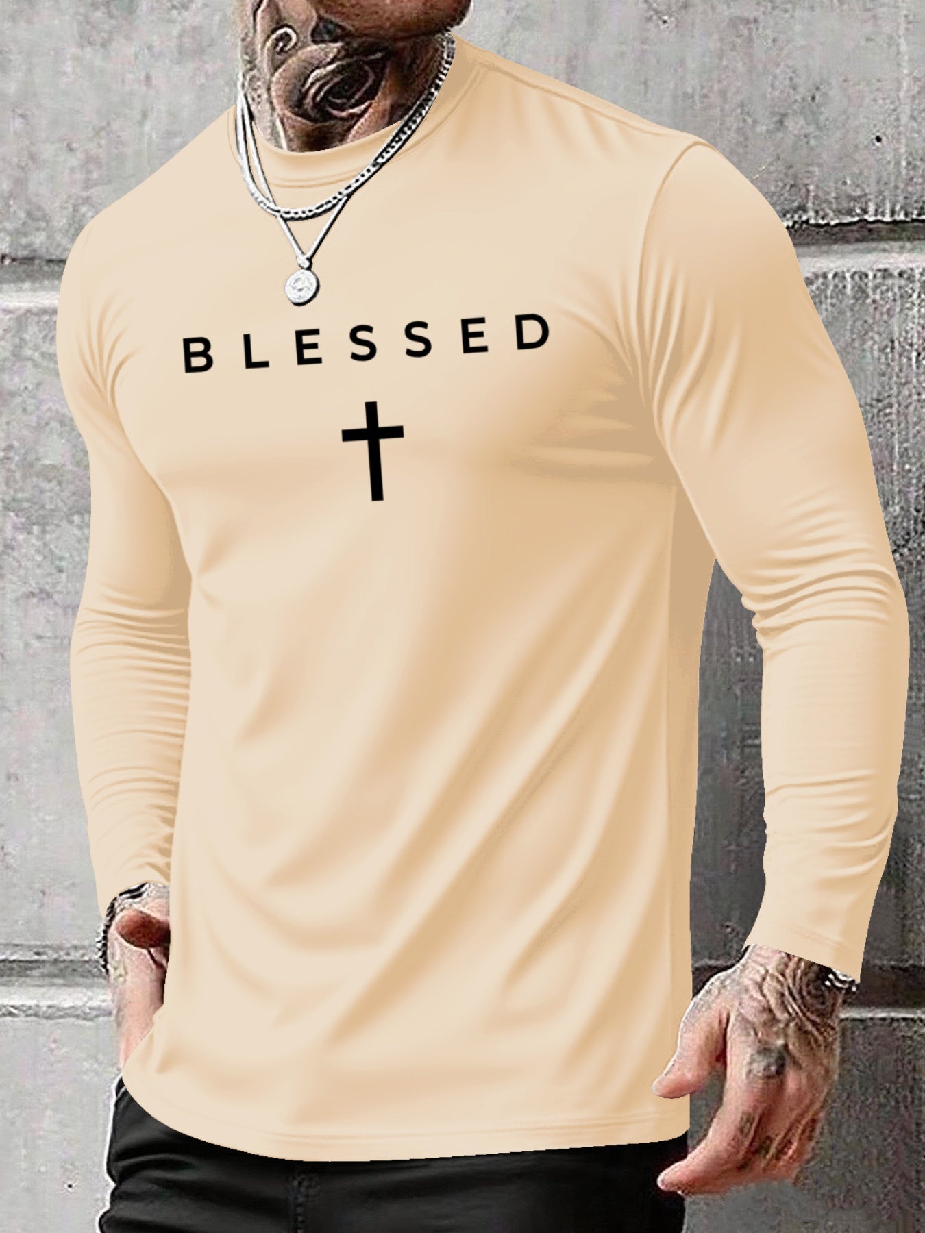 Men's Oversized Long Sleeve T-Shirt with Blessed Cross Print - Breathable Casual Round Neck Christian Faith Apparel, Plus Size Comfort Fit for Spring Summer Fall, Casual Attire & Church Events (Adults & Teens), PLUS SIZE