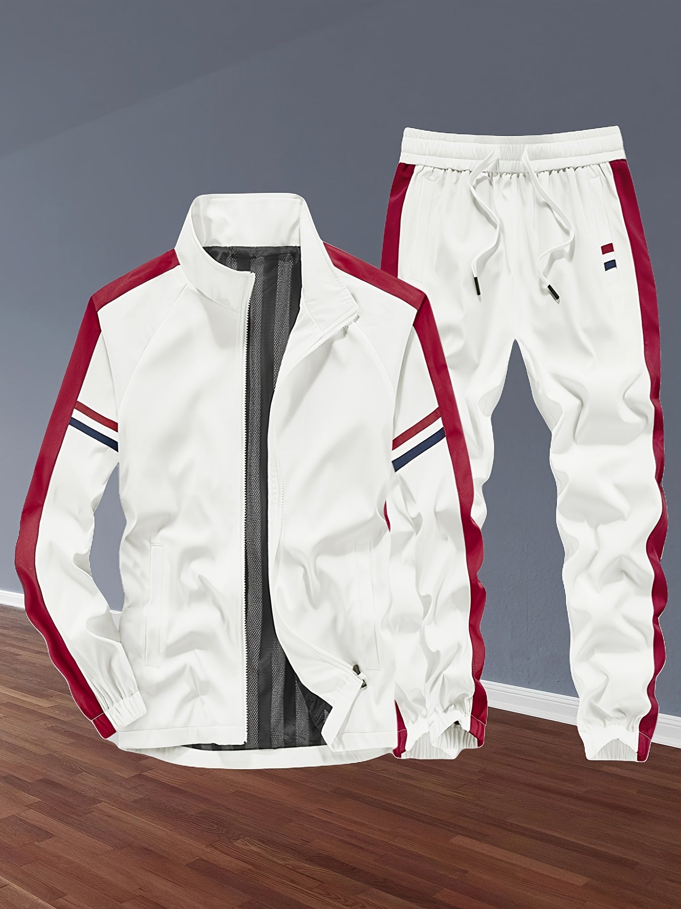 Unisex Sports Suits, Contrasting Colors, Stand-Up Collar Zipper Jacket + Side Striped Trousers, Spring And Autumn Leisure Fitness Two-Piece Suit