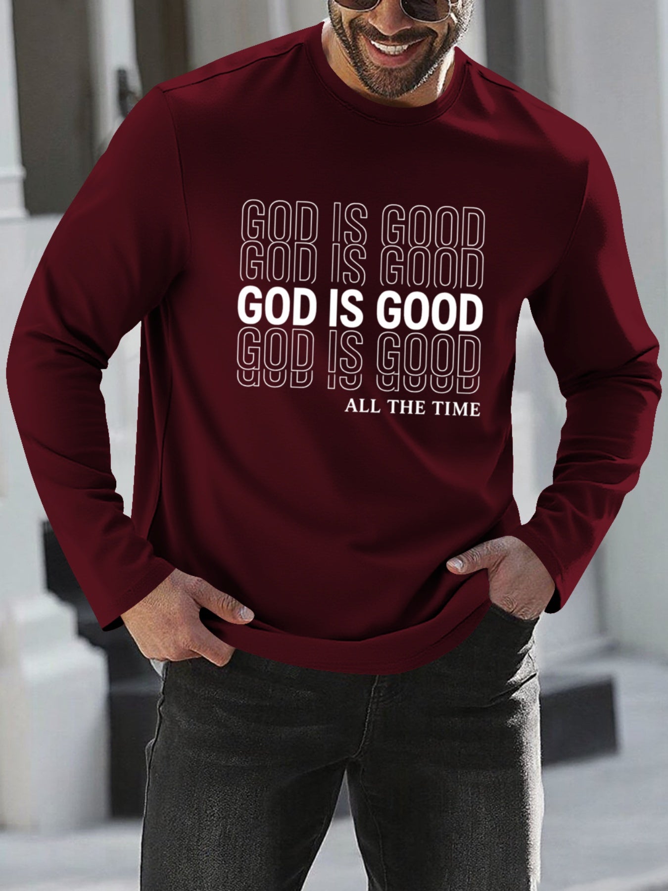 Men's Oversized Christian Faith T-Shirt with "God is Good All The Time" Print - Breathable Long Sleeve Casual Round Neck Shirt for Church, Casual Attire & Religious Events - Spring/Fall Comfort Fit (Adults & Teens) - Medium S