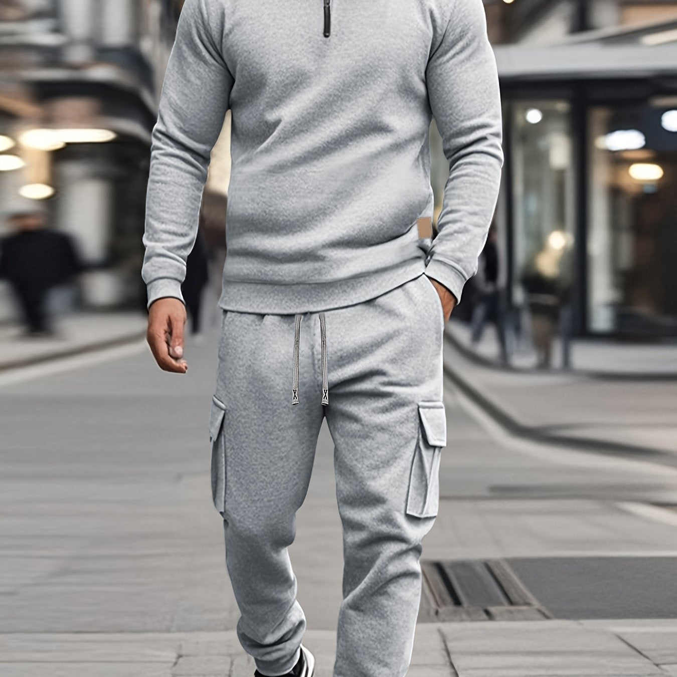 [Retro Casual Suit] Mens Fashionable Retro Casual Suit | Small Stand-up Collar Half-Zip Sweatshirt Plus Multi-Pocket Work Pants Set - Street Trendy Sports Suit Mens Outdoor Jogging Fitness Commuting All-Purpose Casual Sports