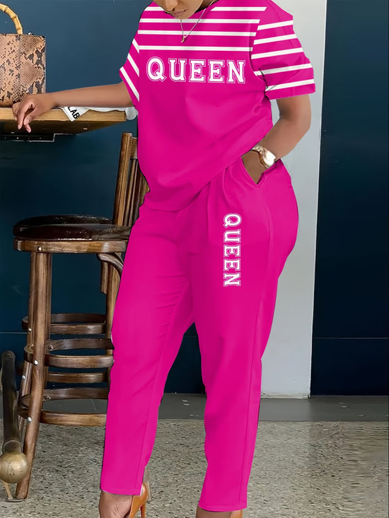 [QUEEN Letter Print Suit] QUEEN Letter Print Plus Size Ladies Two-piece Suit | Pinstripe Coat, Trousers with Pockets, Daily Casual Fashion